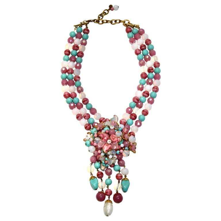 Collier Ancien Étoile En Émail Et Pâte De Verre - Doré Et Blanc - Signé André Bazot? - Bijoux Vintage