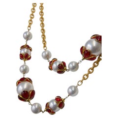 Francoise Montague Pearl and Red Pate de Verre Cabochon Long Sautoir