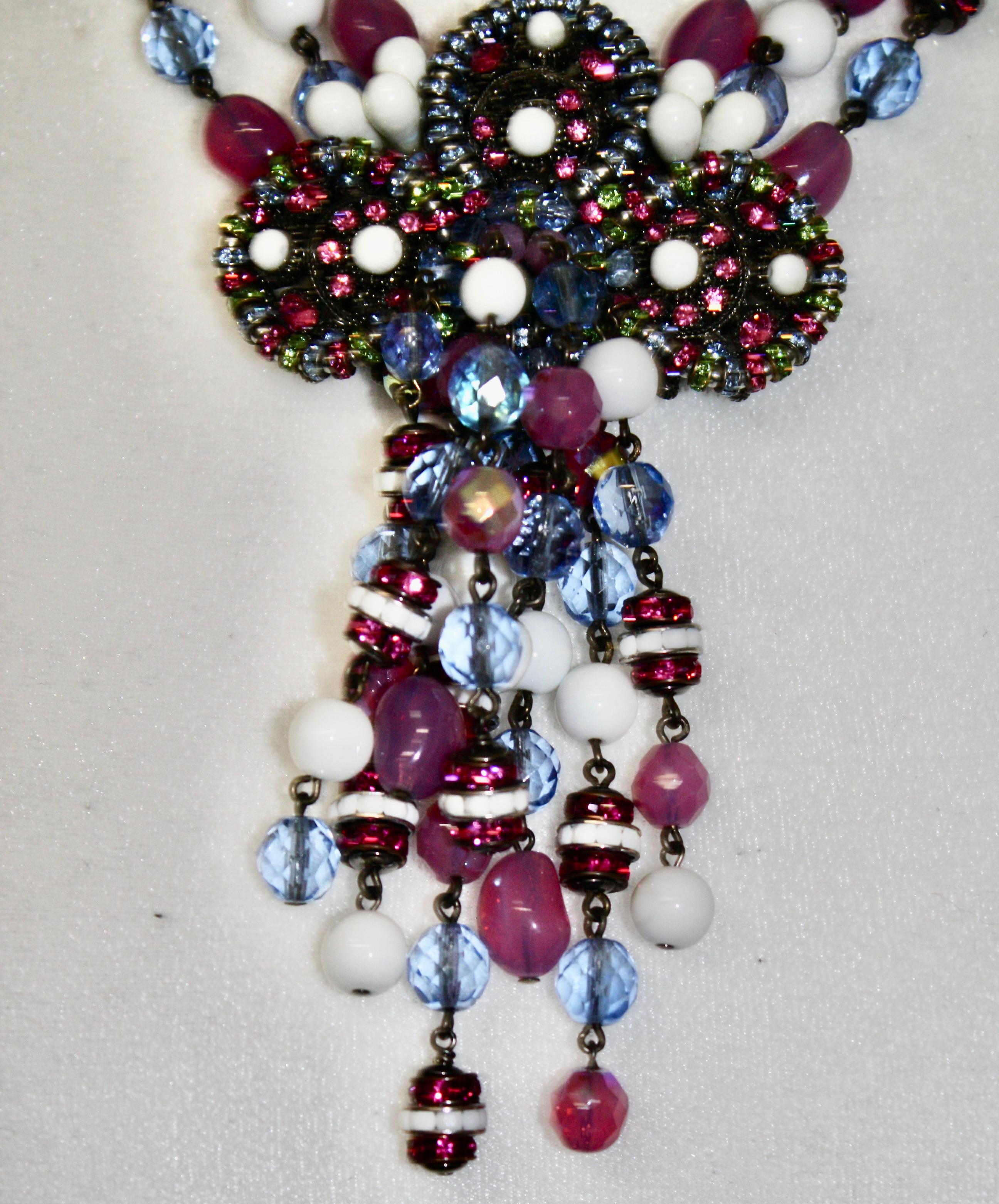 Francoise Montague Purple Blue and White Glass Statement Necklace In New Condition For Sale In Virginia Beach, VA