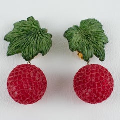 Francoise Montague Raspberry and Green Resin Dangle Berries Clip Earrings