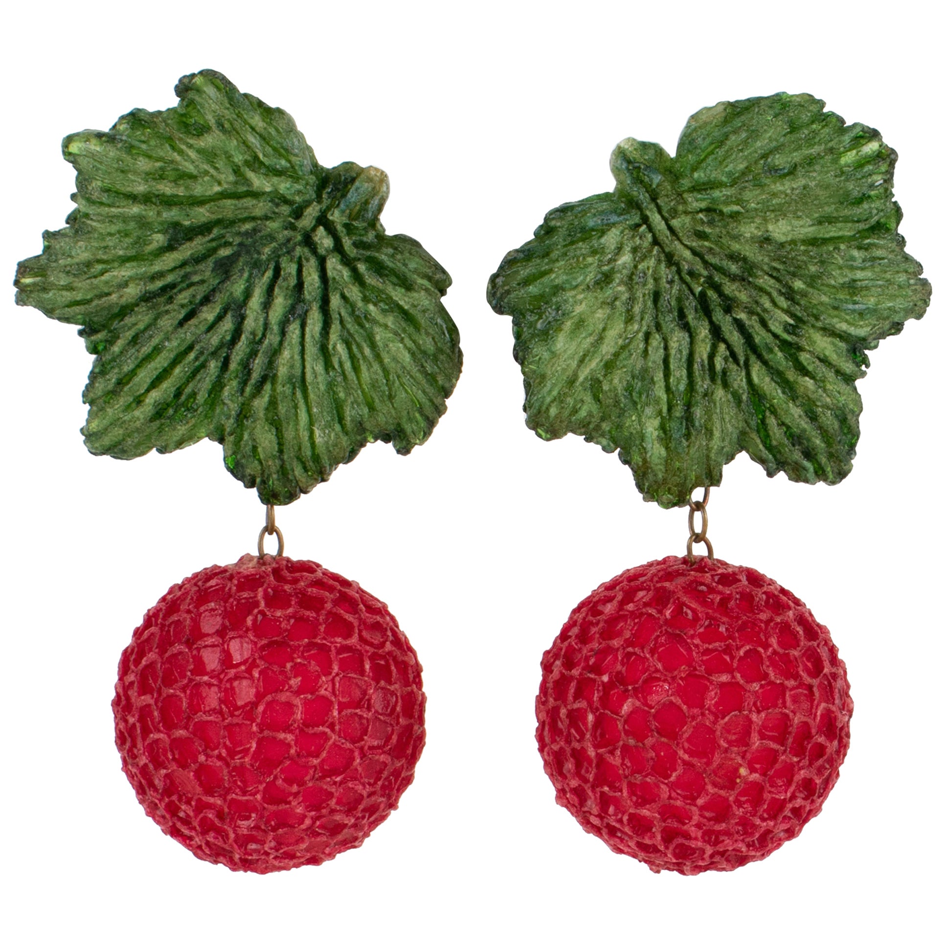 Francoise Montague Raspberry and Green Resin Dangle Berries Clip Earrings