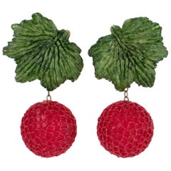 Francoise Montague Raspberry and Green Resin Dangle Berries Clip Earrings