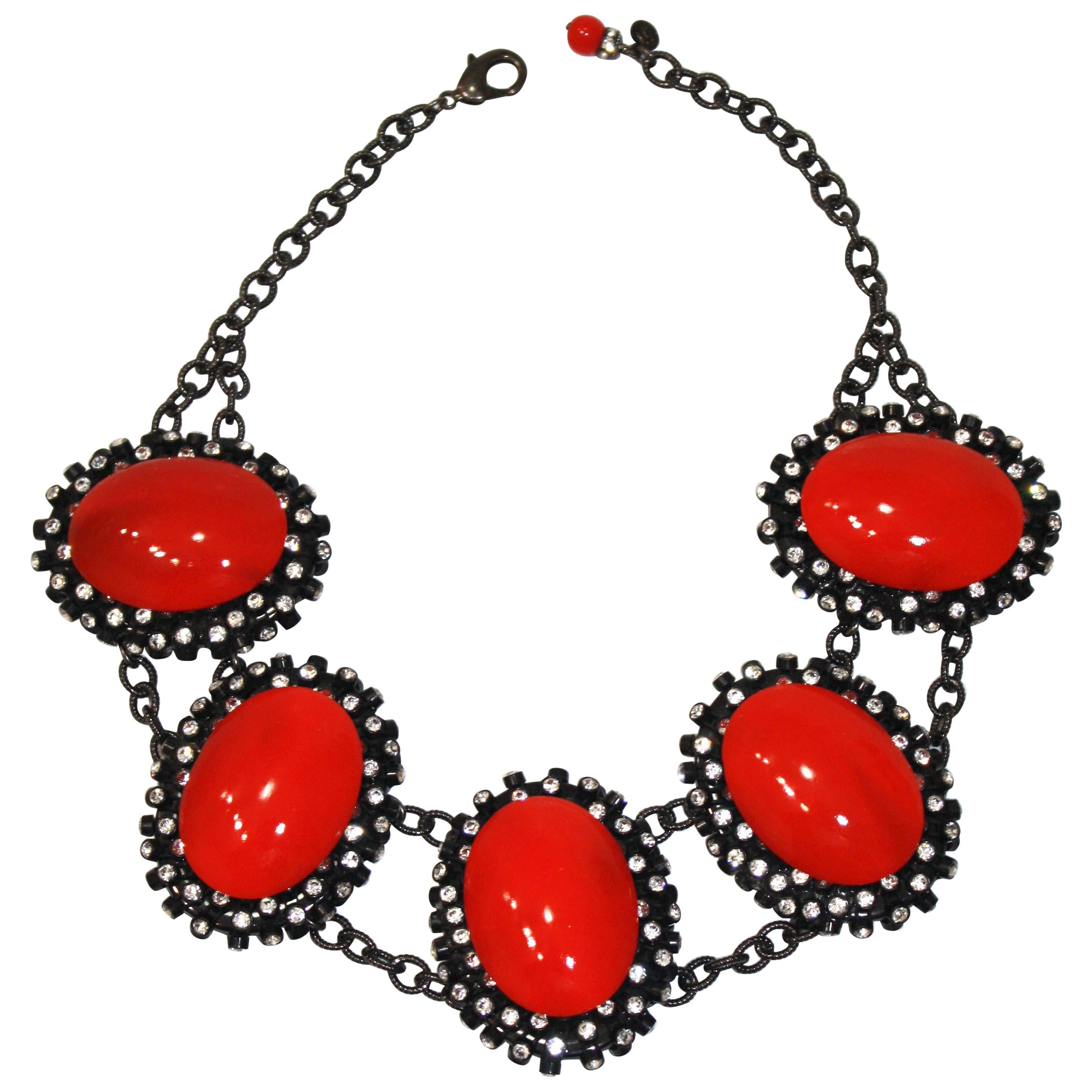 Francoise Montague Red Agate, Swarovski Crystal, and Black Rhodium Necklace.