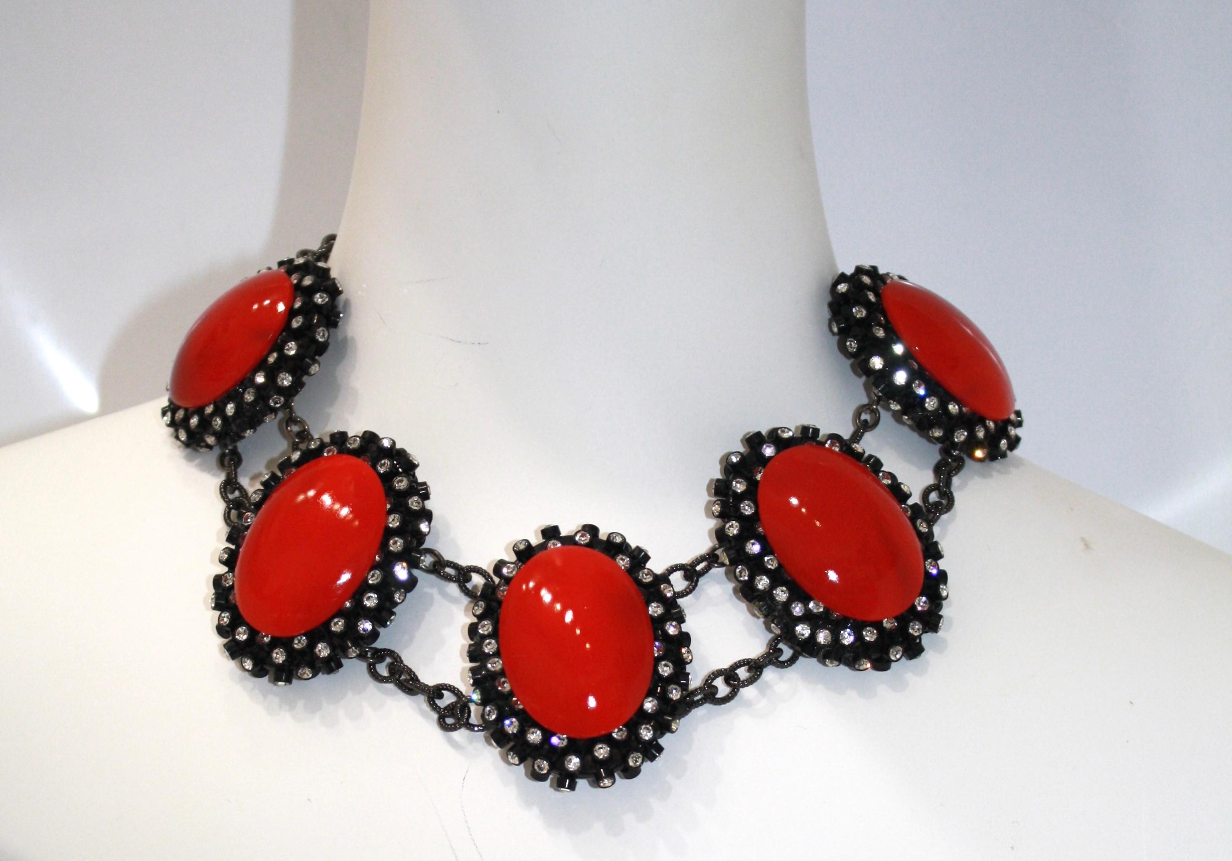 Francoise Montague Red Agate, Swarovski Crystal, and Black Rhodium Necklace In New Condition In Virginia Beach, VA