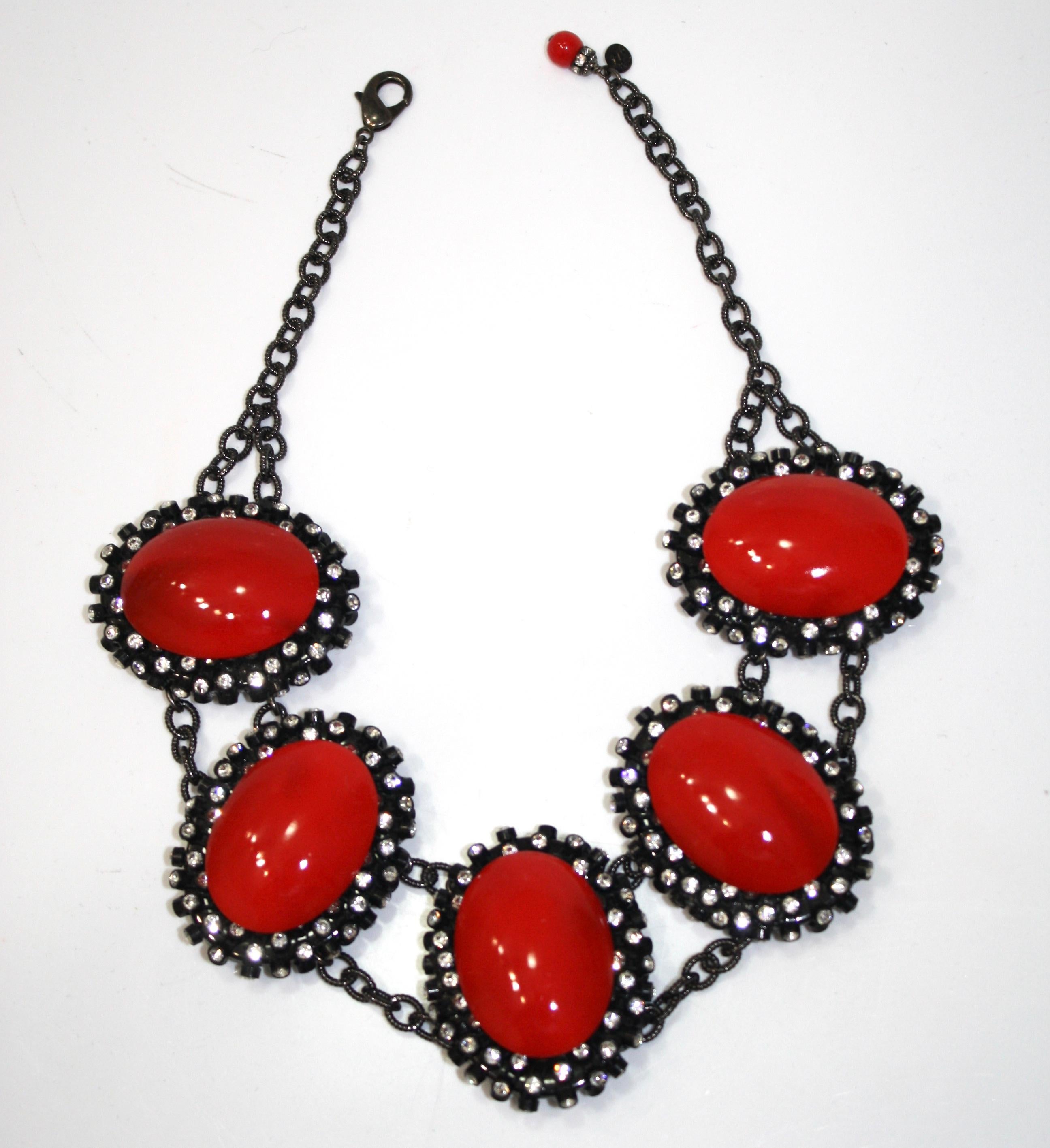 Women's or Men's Francoise Montague Red Agate, Swarovski Crystal, and Black Rhodium Necklace
