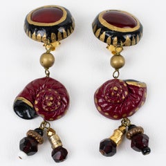 Francoise Montague Red and Black Resin Dangle Clip Earrings