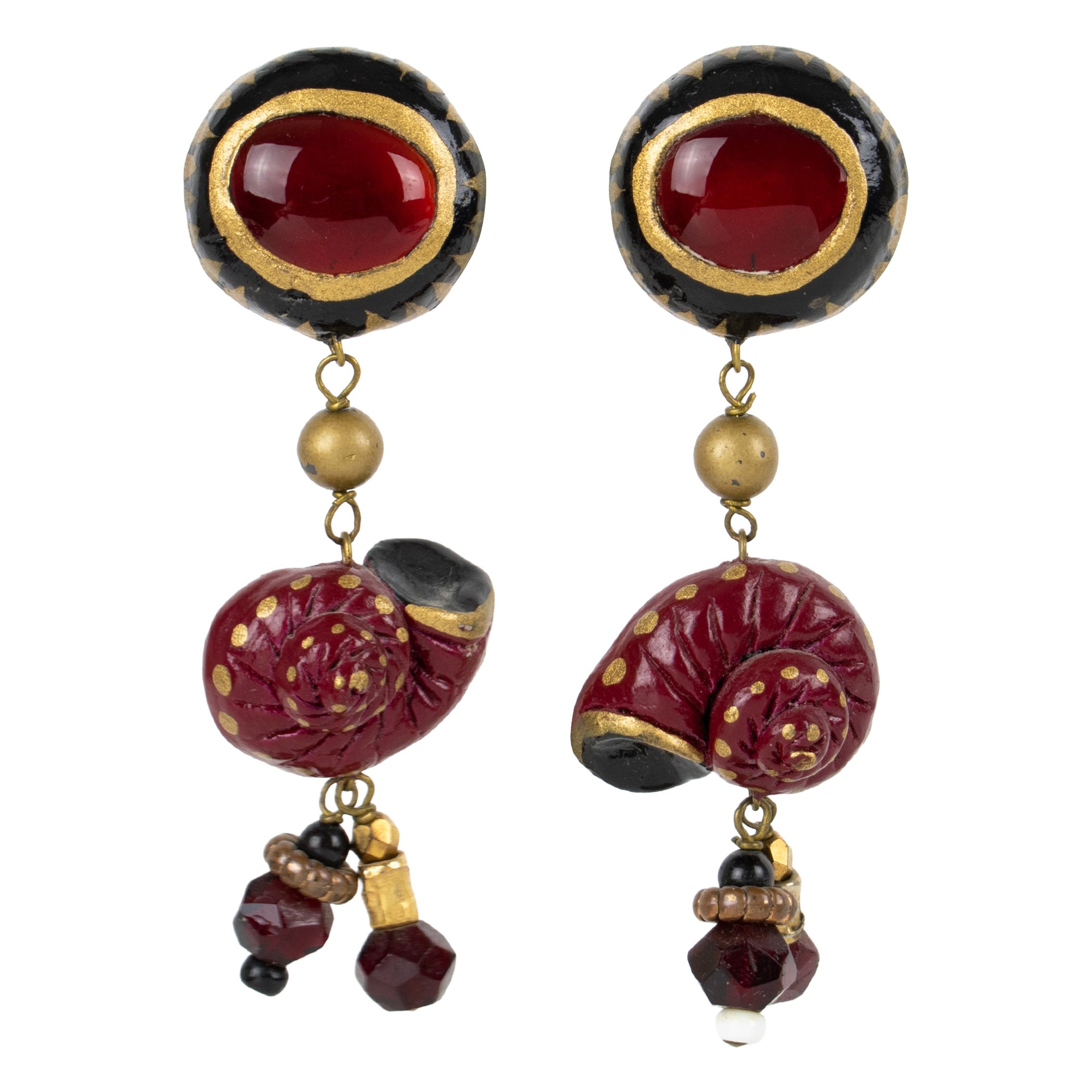 Francoise Montague Red and Black Resin Dangle Clip Earrings