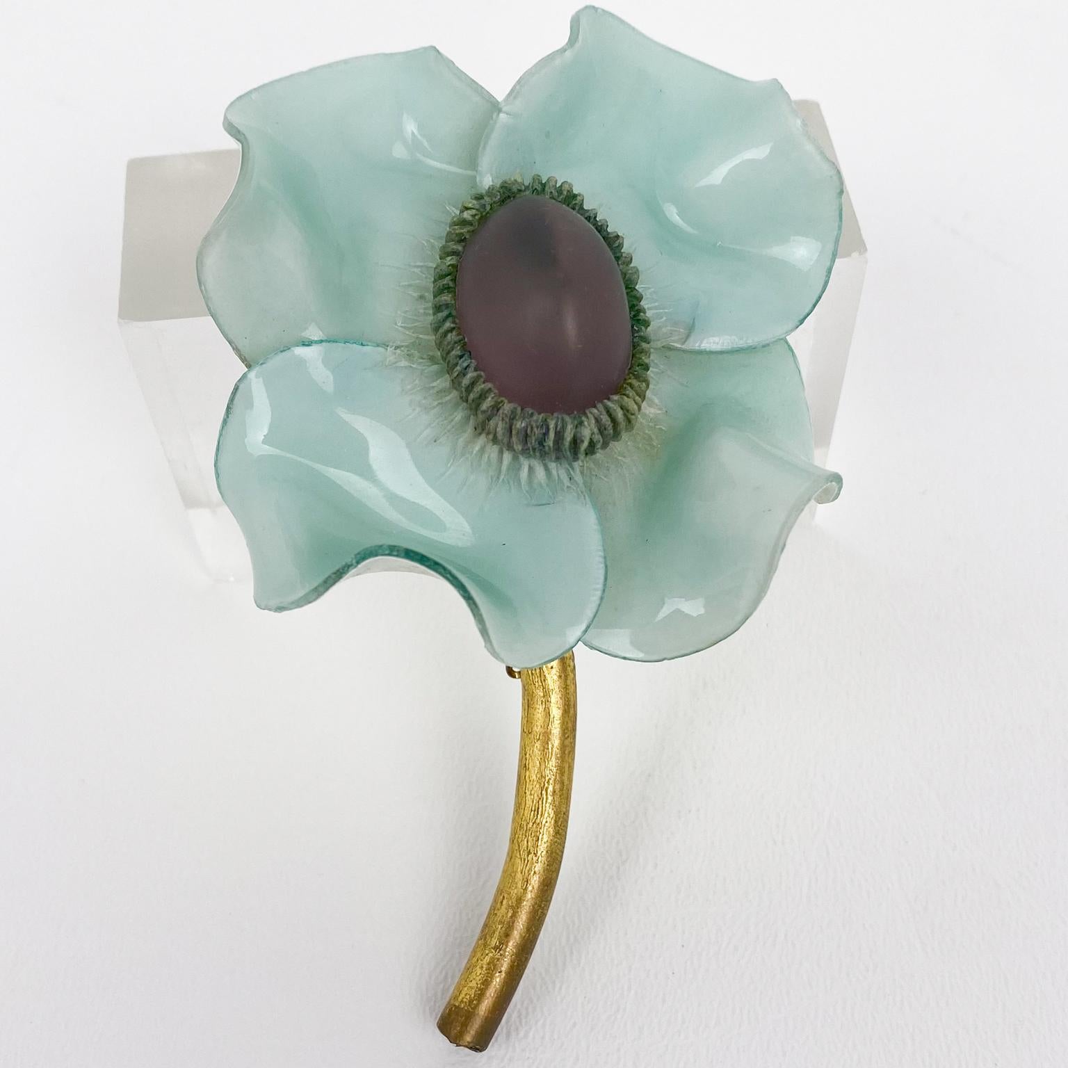Cilea Paris designed this sculptural dimensional pin brooch for French Jewelry designer Francoise Montague. The floral-inspired, hand-made artisanal resin brooch features a giant flower with textured patterns built together to form a powerful