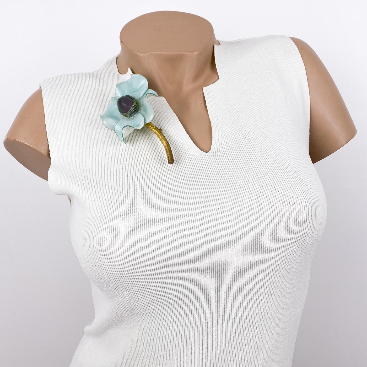 Modern Francoise Montague Resin Brooch Aqua Green Giant Flower For Sale