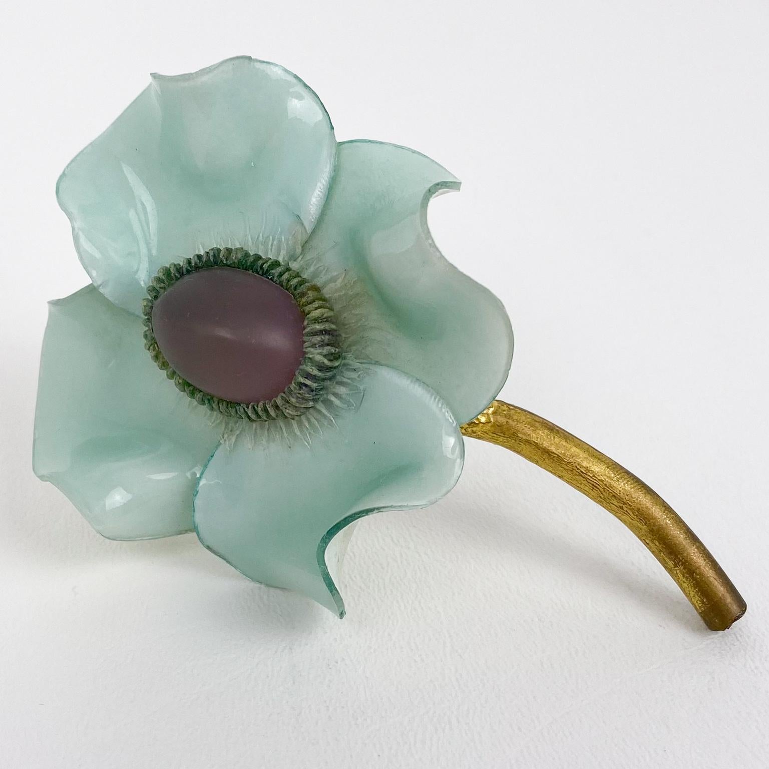 Francoise Montague Resin Brooch Aqua Green Giant Flower In Excellent Condition For Sale In Atlanta, GA