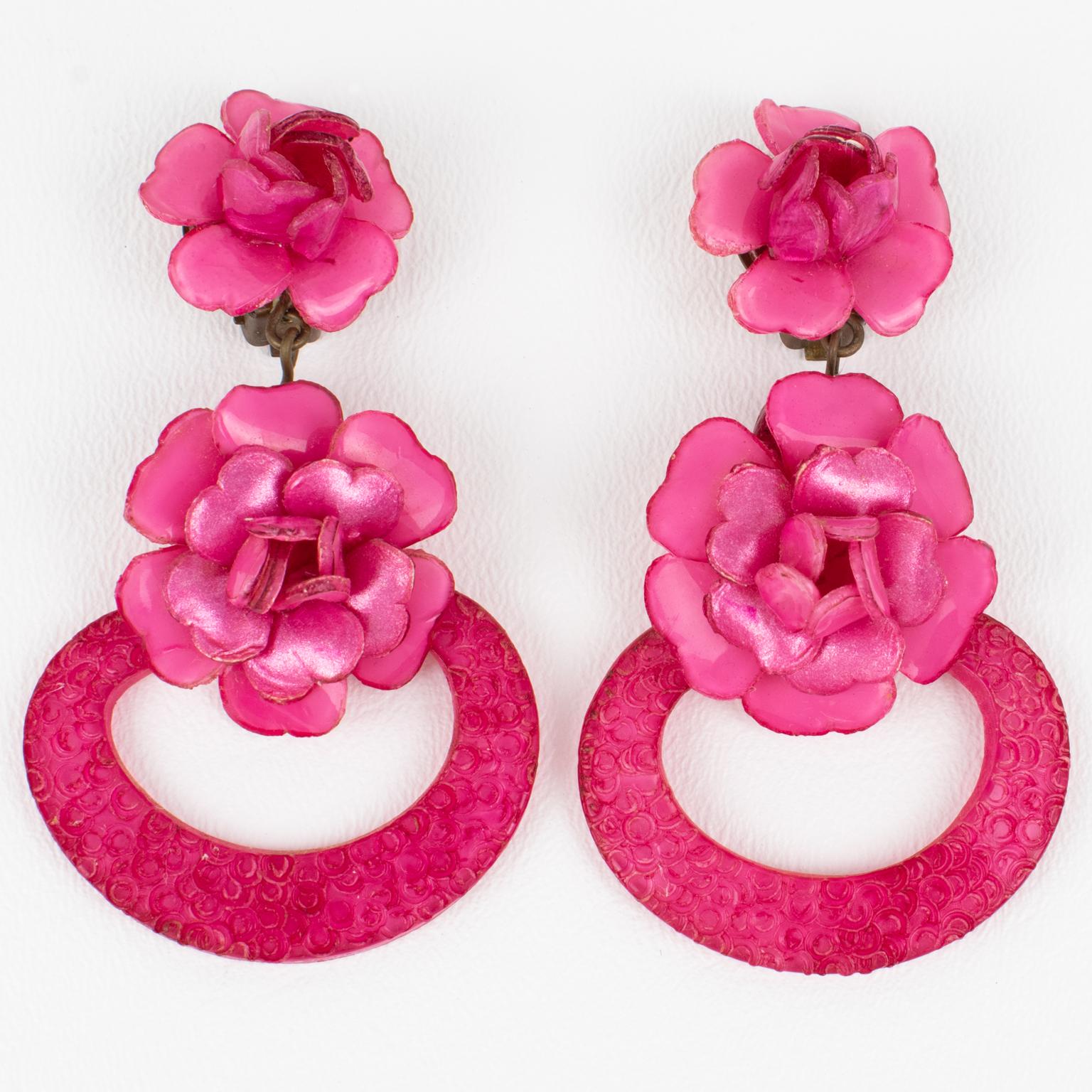 Modern Francoise Montague Resin Clip Earrings Dangle Fuchsia Pink Flowers For Sale