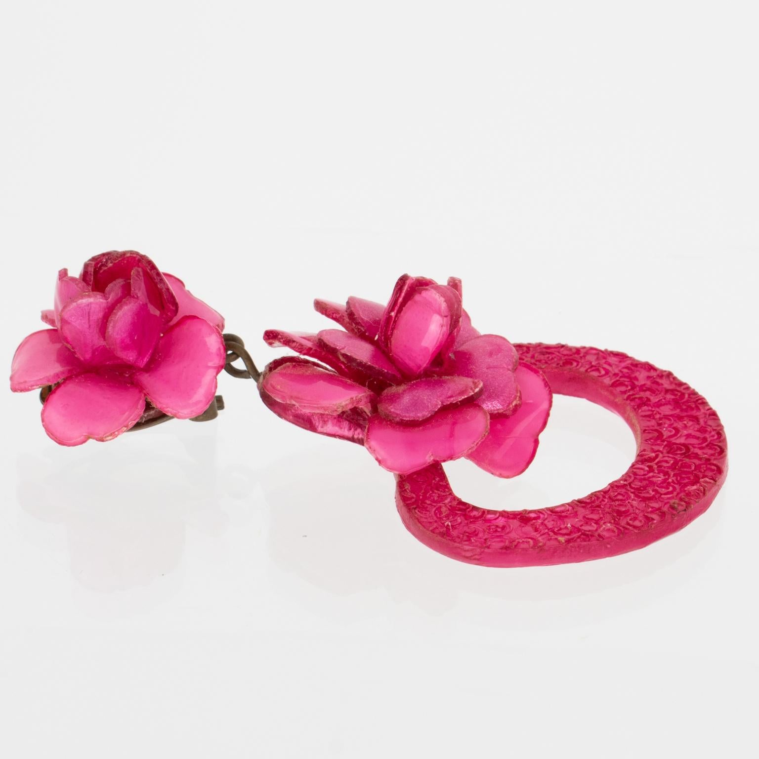 Women's or Men's Francoise Montague Resin Clip Earrings Dangle Fuchsia Pink Flowers For Sale