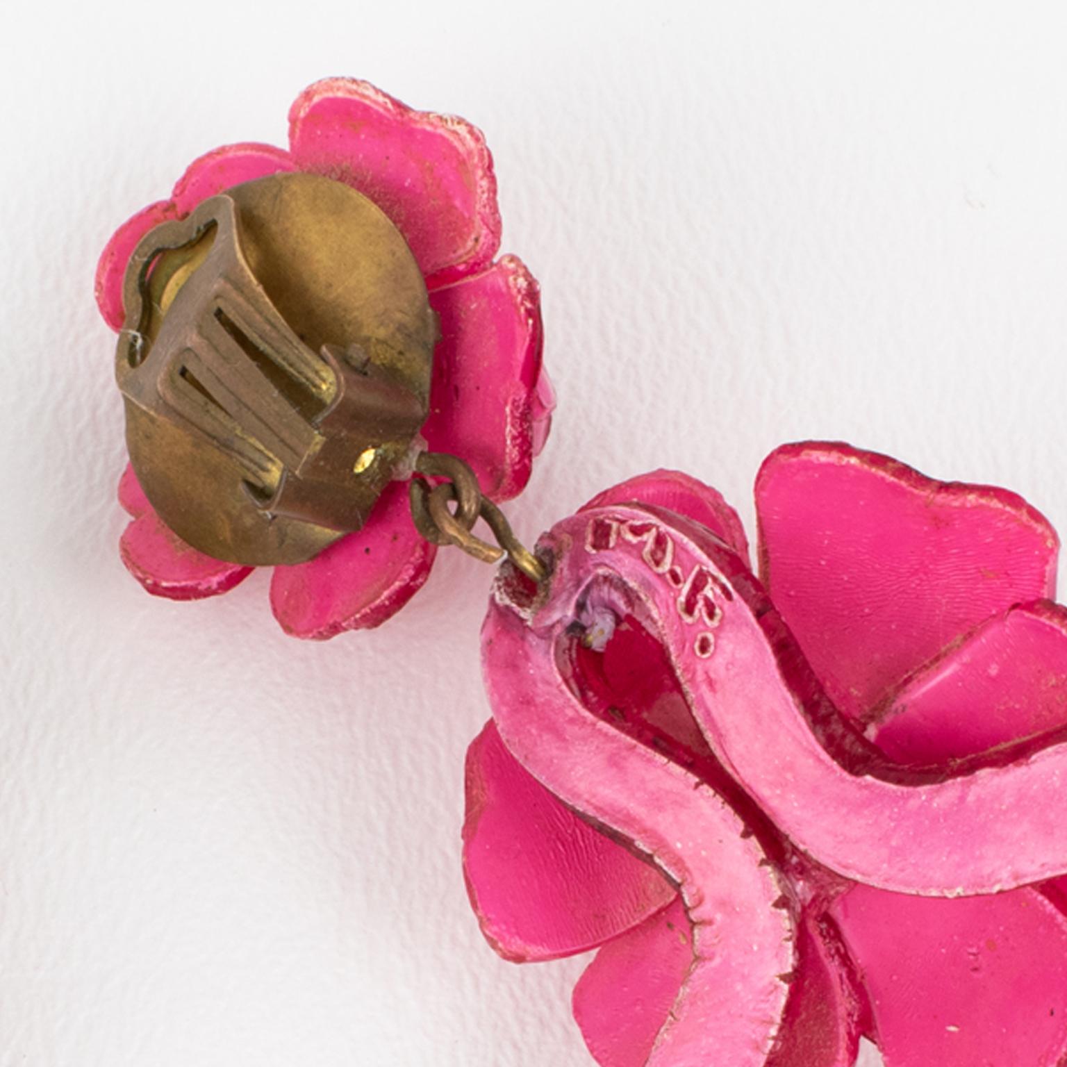 Francoise Montague Resin Clip Earrings Dangle Fuchsia Pink Flowers For Sale 1