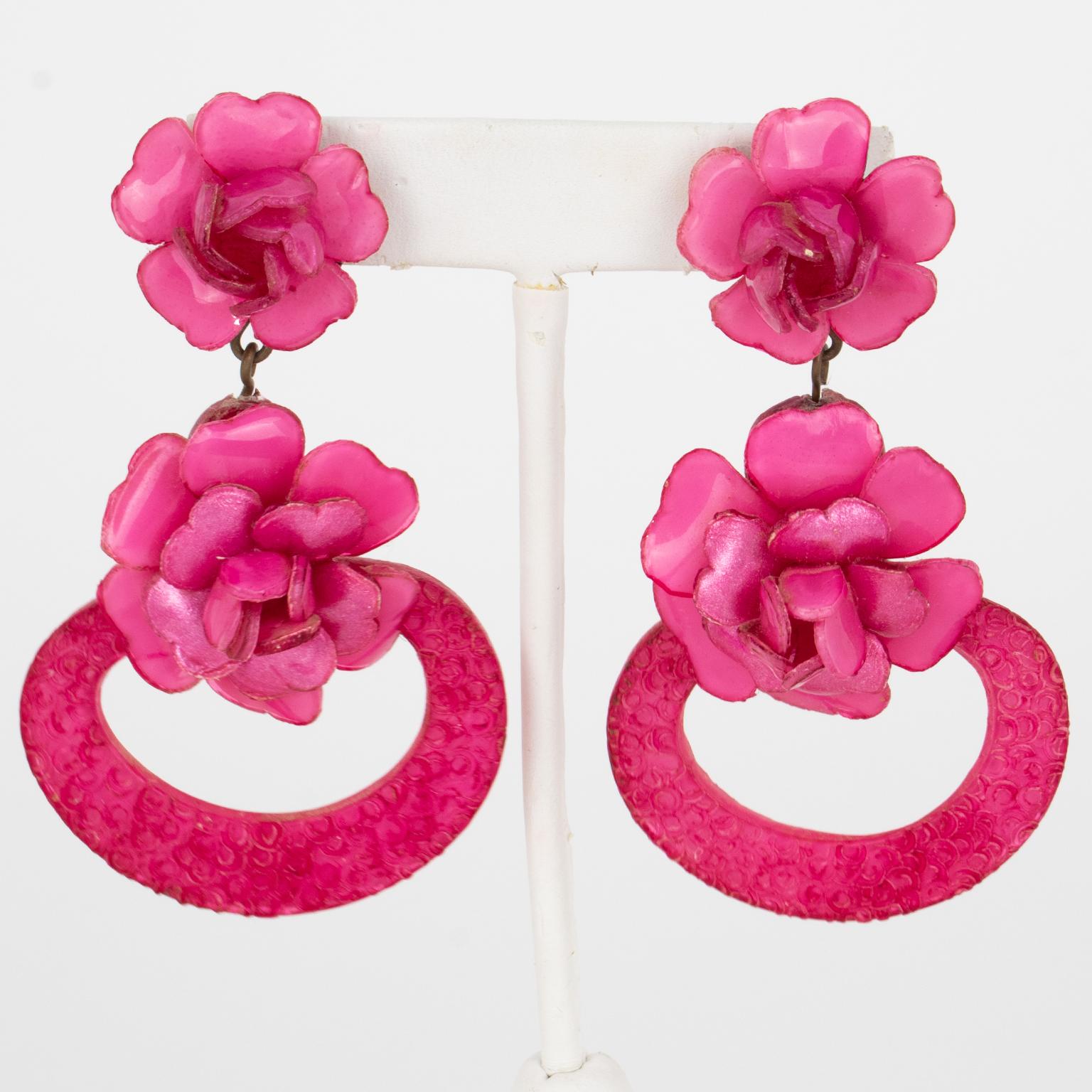 Francoise Montague Earrings Dangle Fuchsia Pink Flowers For Sale 2