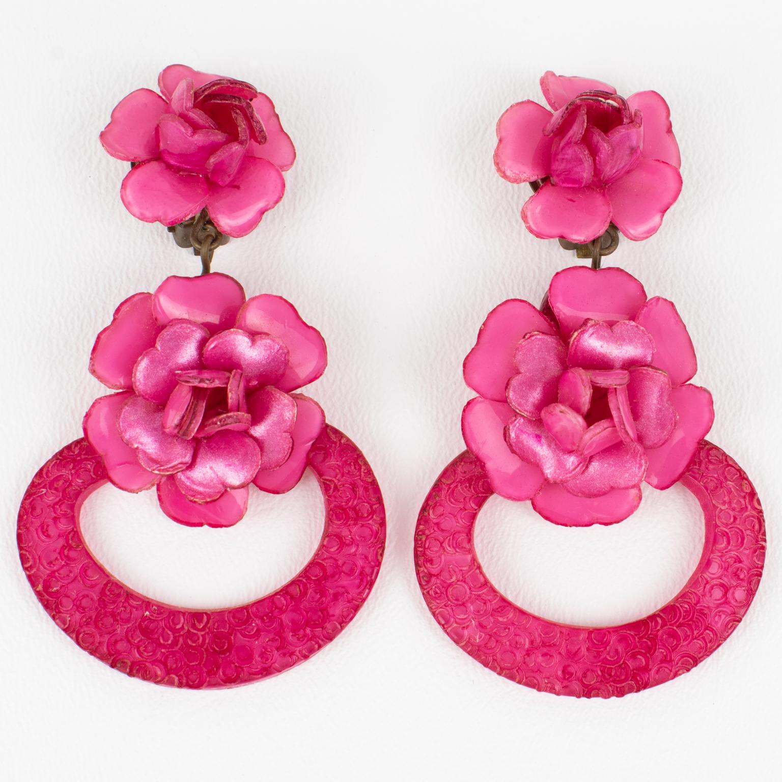 Francoise Montague Earrings Dangle Fuchsia Pink Flowers For Sale 3