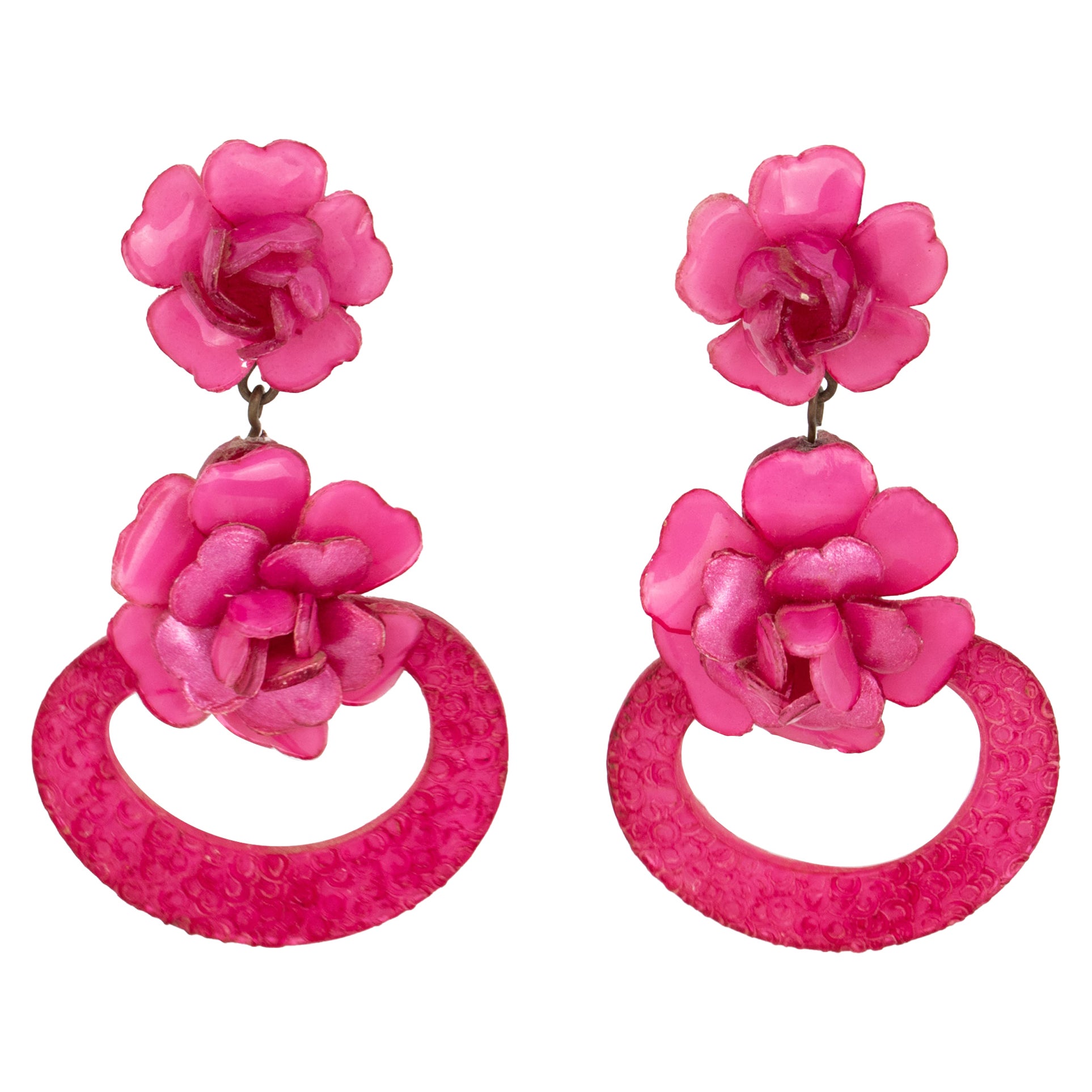 Francoise Montague Resin Clip Earrings Dangle Fuchsia Pink Flowers