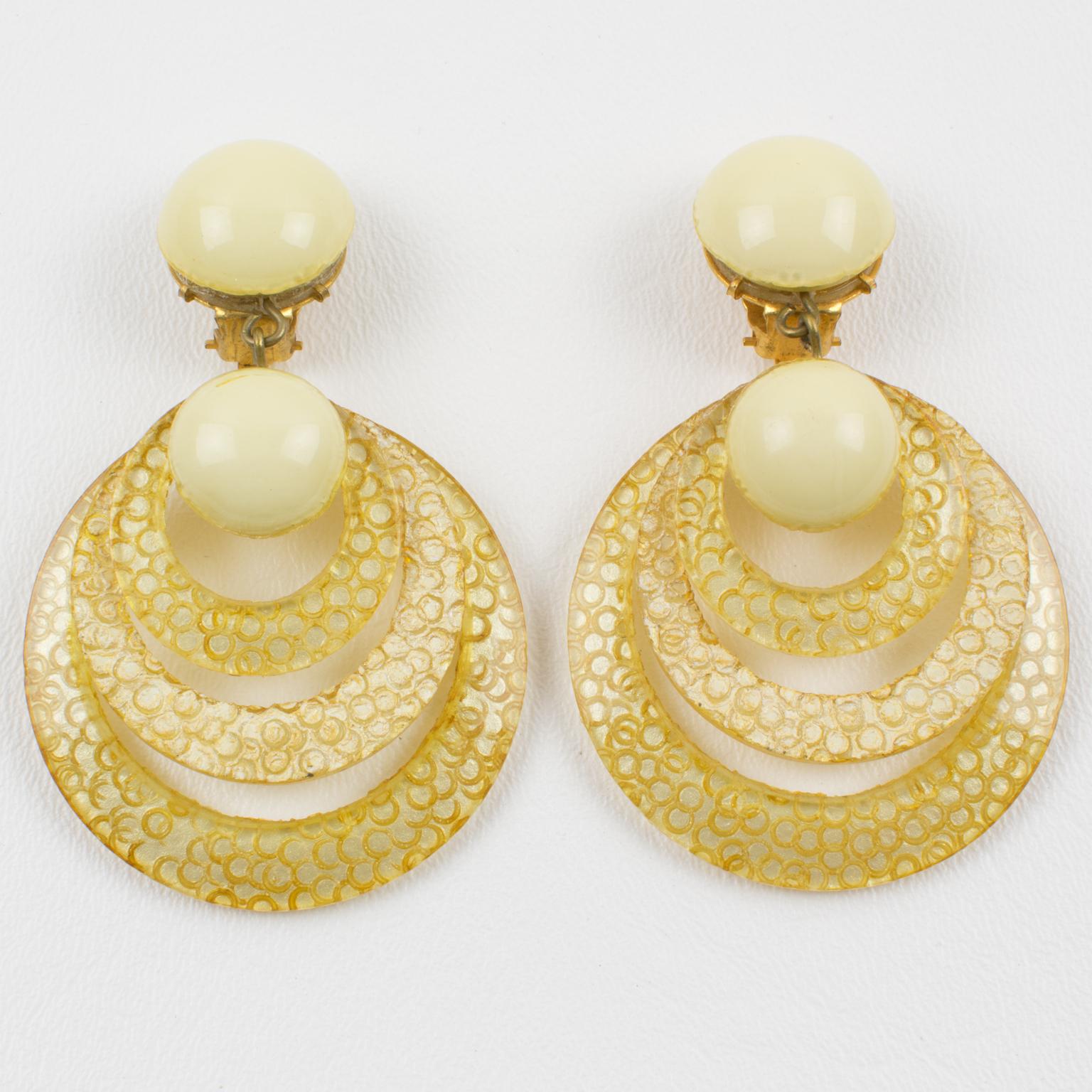 Modern Francoise Montague Resin Clip Earrings Dangle Yellow Rings