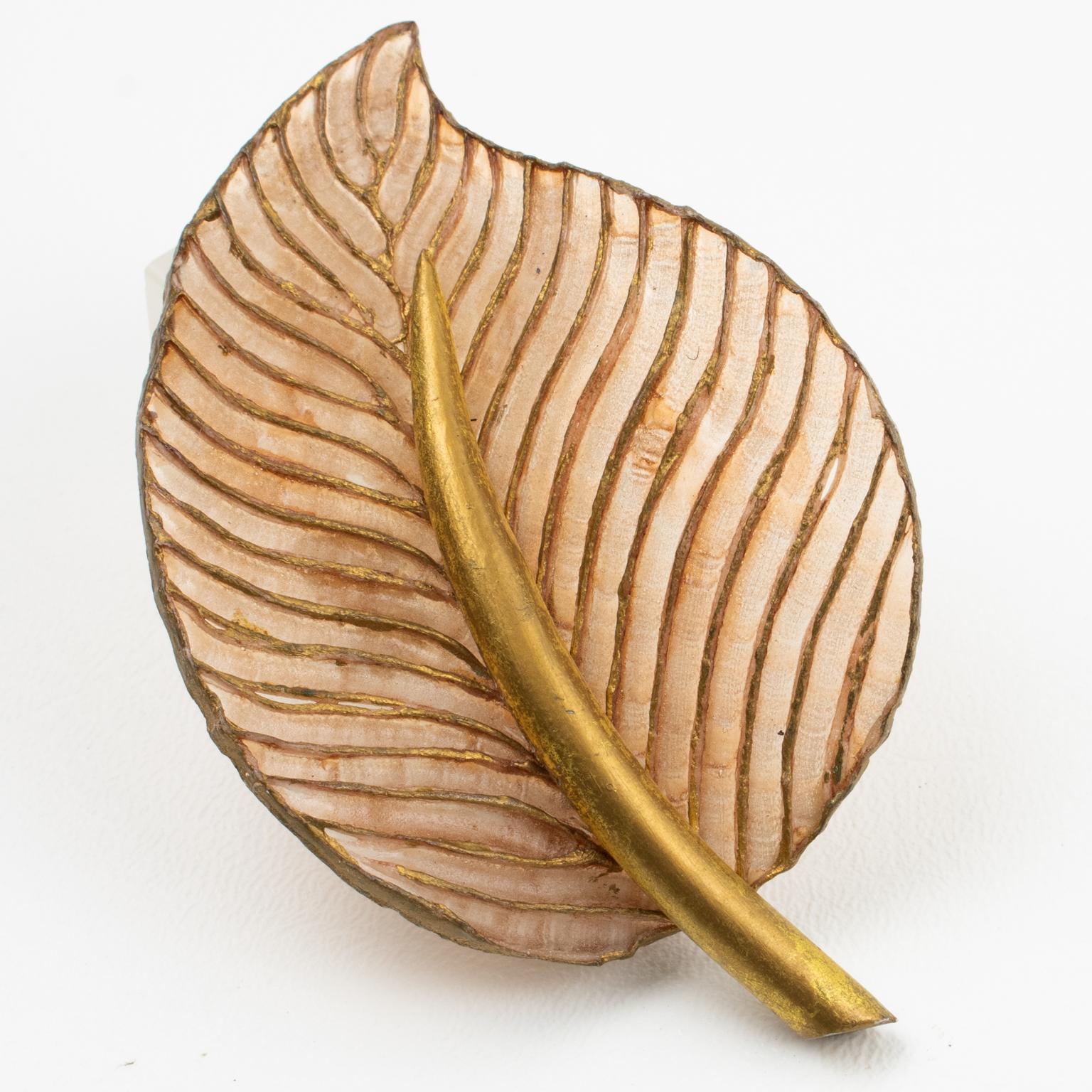 Francoise Montague Resin Pin Brooch Golden Brown Leaf For Sale 1