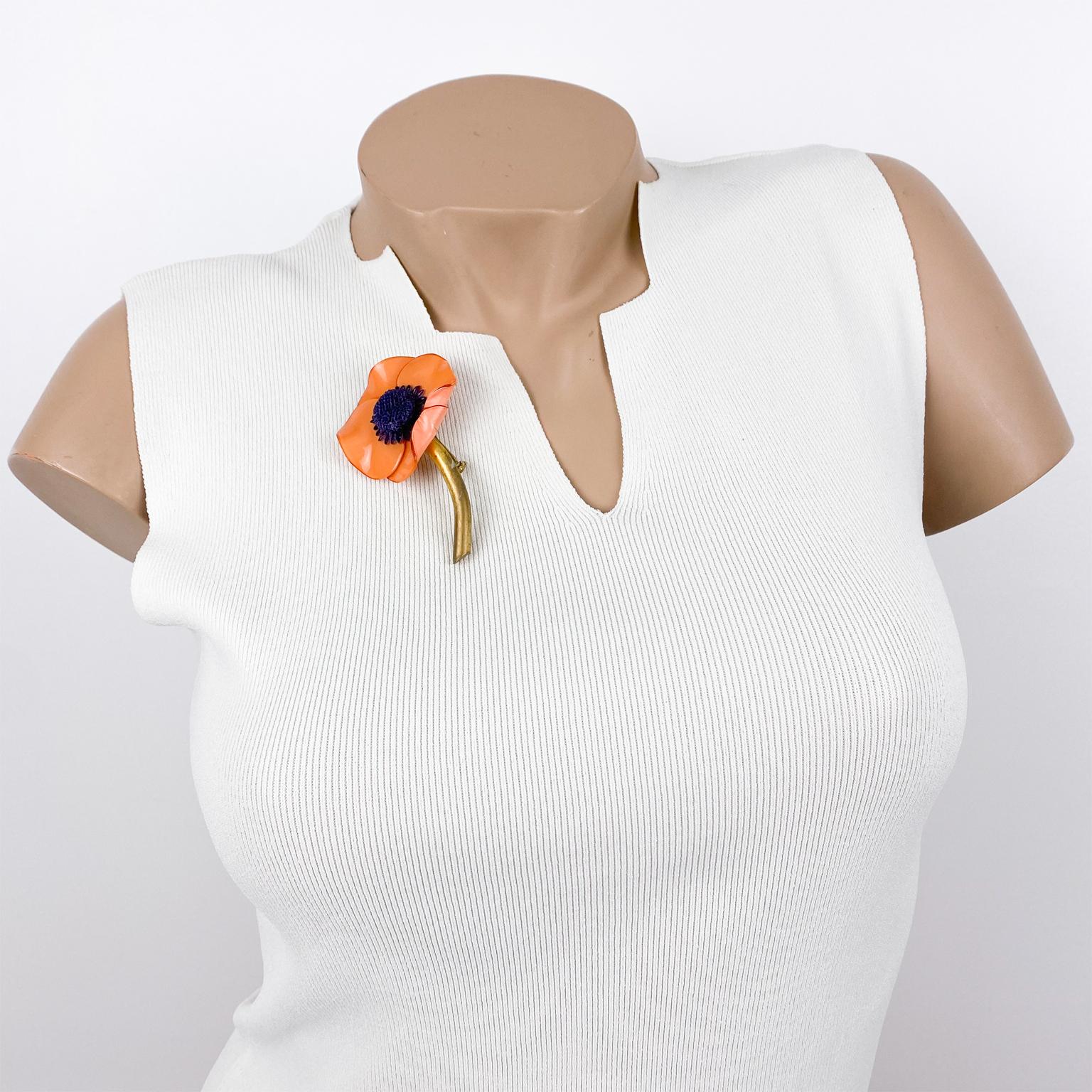 Modern Francoise Montague Resin Pin Brooch Orange Poppy Flower For Sale