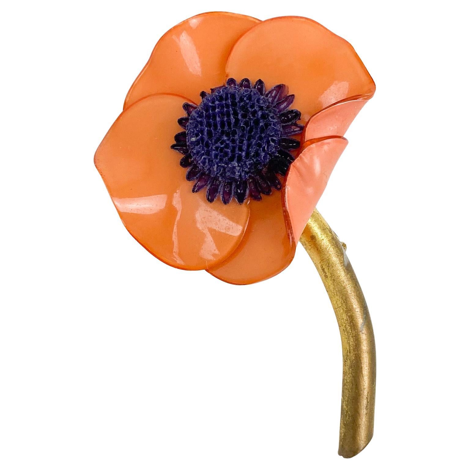 Francoise Montague Resin Pin Brooch Orange Poppy Flower