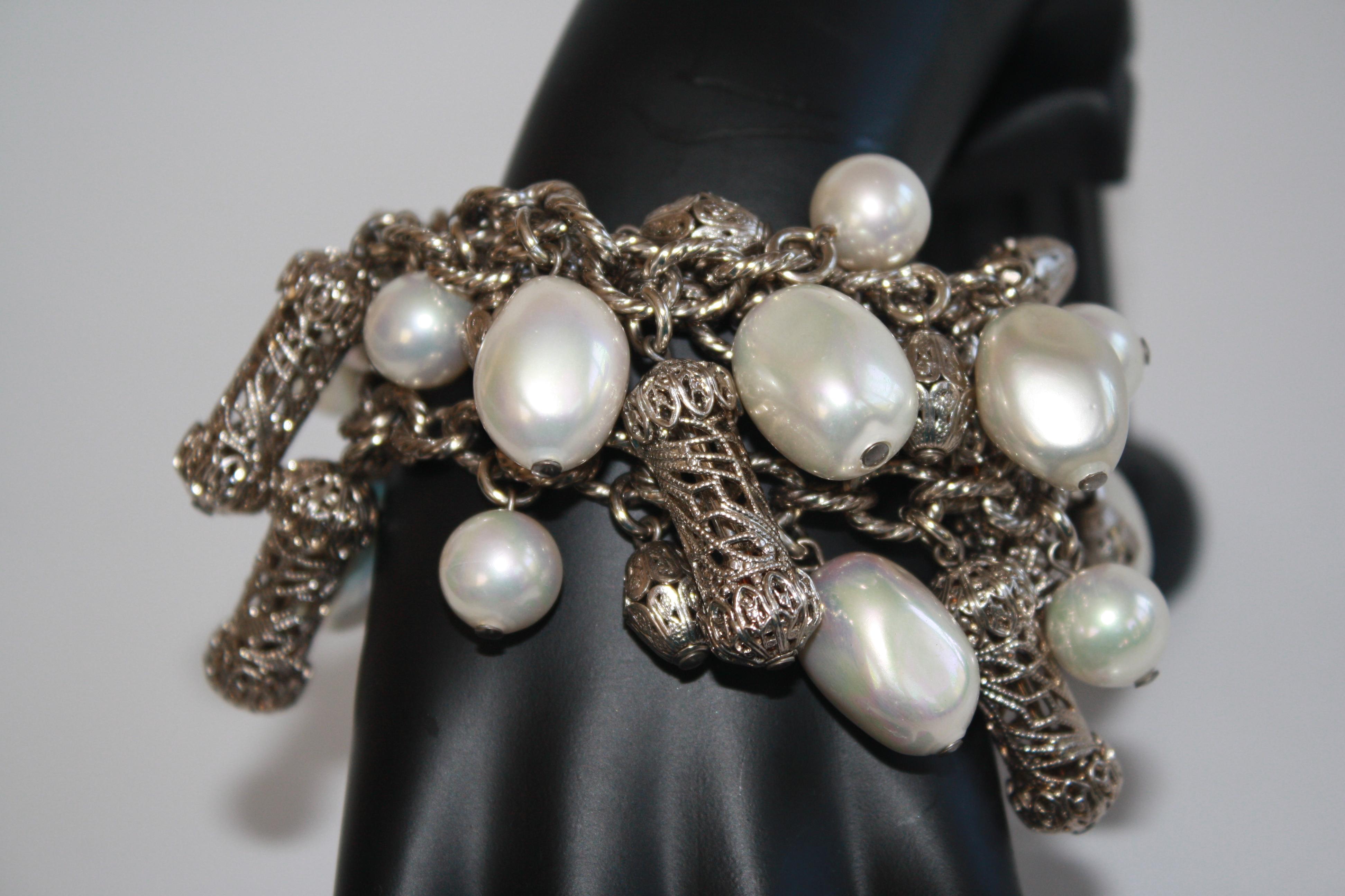 Baroque Francoise Montague Rhodium and Pearls Charm Bracelet