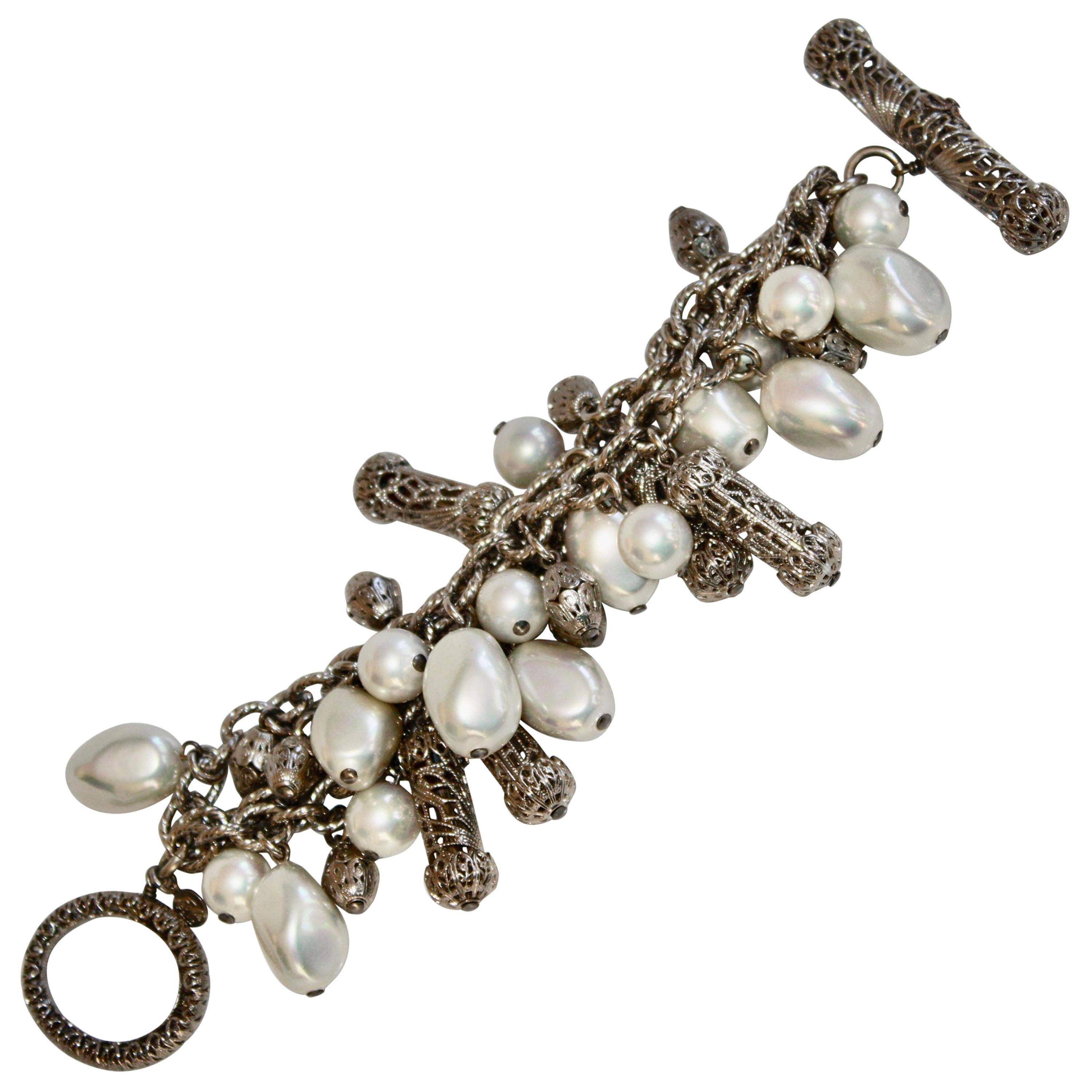 Francoise Montague Rhodium and Pearls Charm Bracelet