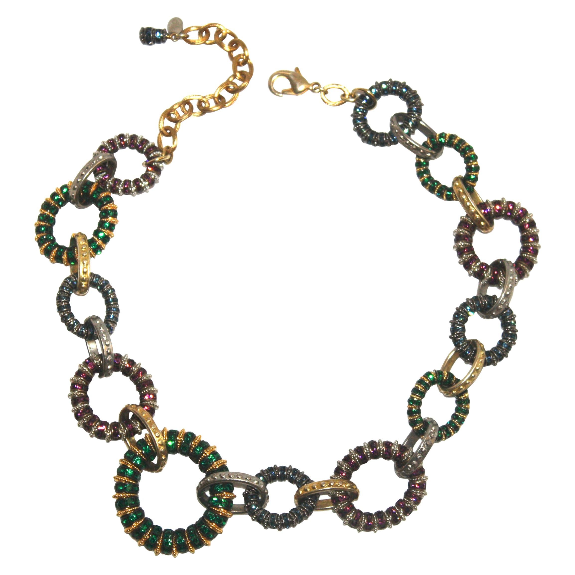 Francoise Montague Swarovski Crystal , Gold and Rhodium Embossed Metal Necklace For Sale