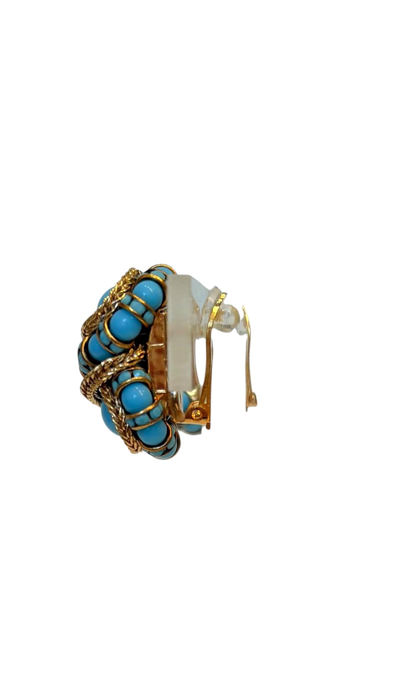 
The iconic earring style from Francoise Montague in gold and turquoise handmade glass pearls is  universally flattering. A must have addition to any collection.  
The Legacy  Our story began in 1935 with a small jewelry workshop founded by