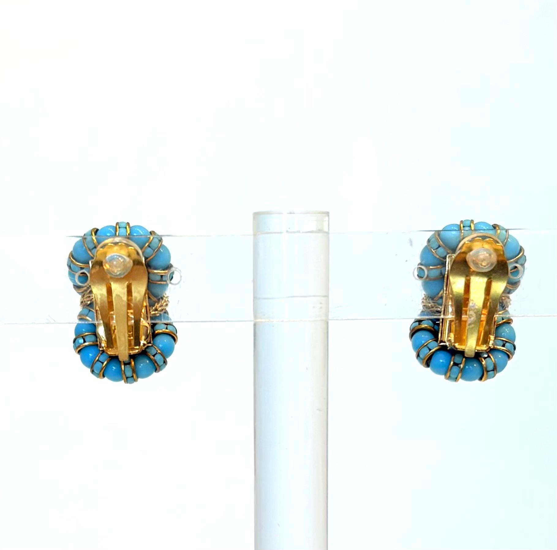 Neoclassical Francoise Montague Turquoise and Gold Huit Clip Earrings For Sale