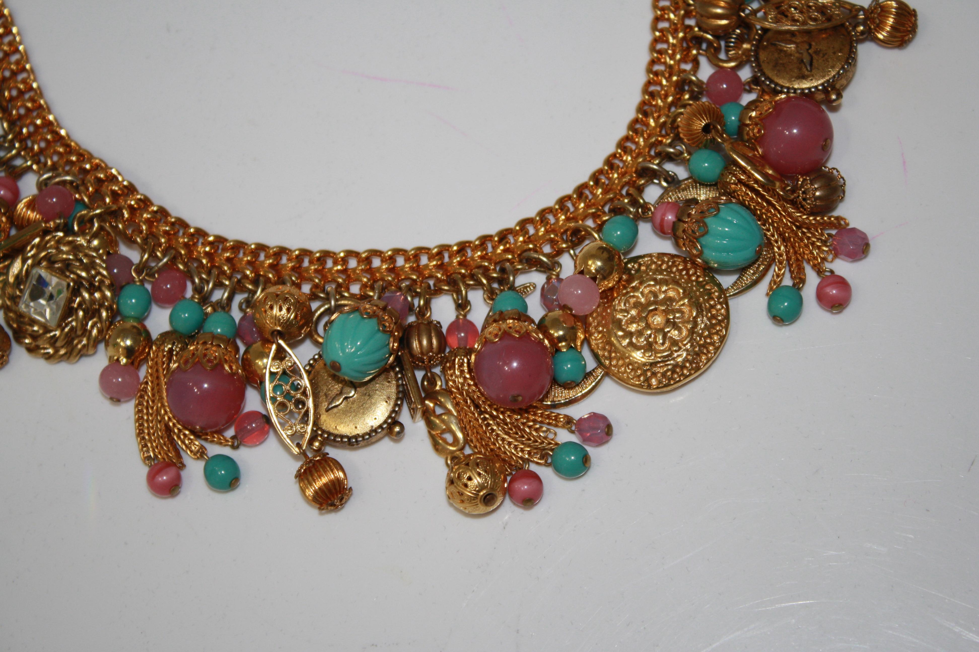 Modern Francoise Montague Turquoise and Pink Charm Choker For Sale