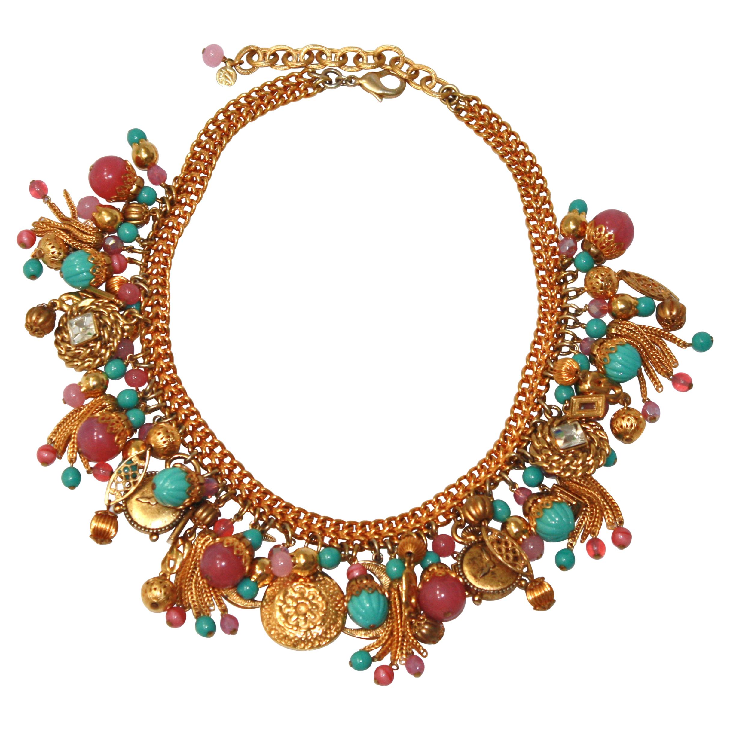 Francoise Montague Turquoise and Pink Charm Choker For Sale