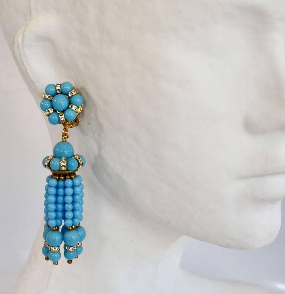 Francoise Montague Turquoise Tassel Clip Earrings In New Condition In Virginia Beach, VA