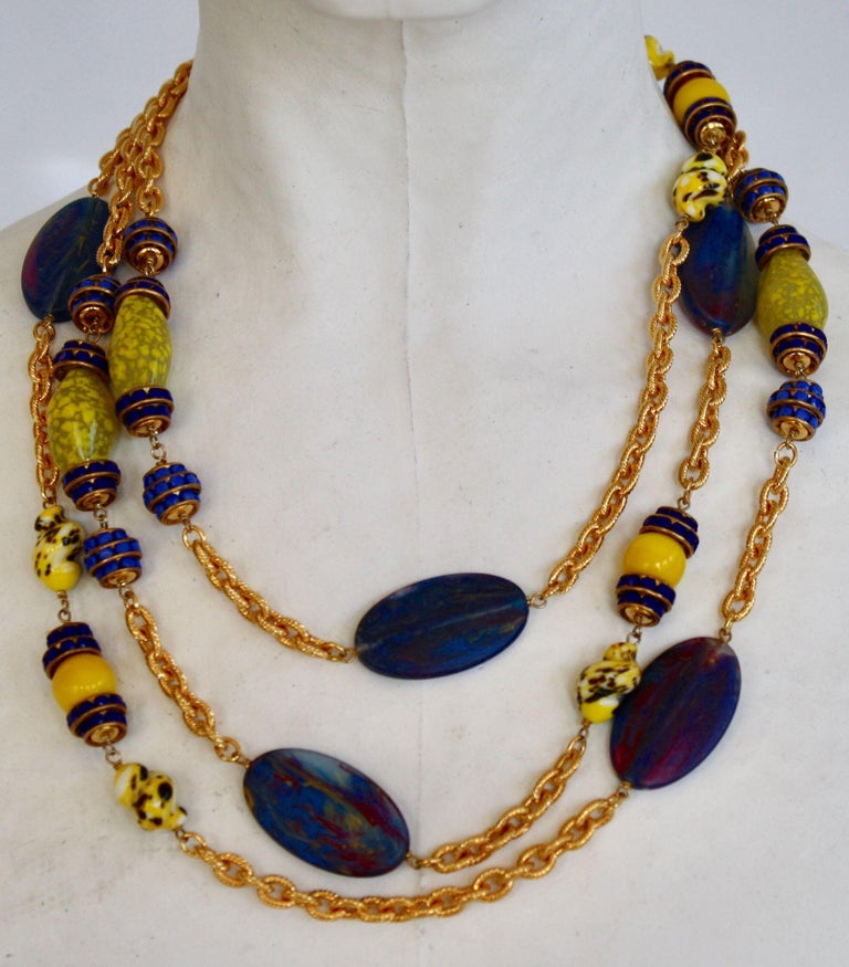 Vintage handmade glass necklace on gold chain from Francoise Montague.