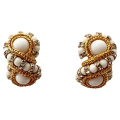 Francoise Montague White, Gold and Crystal Huit" Clip Earrings