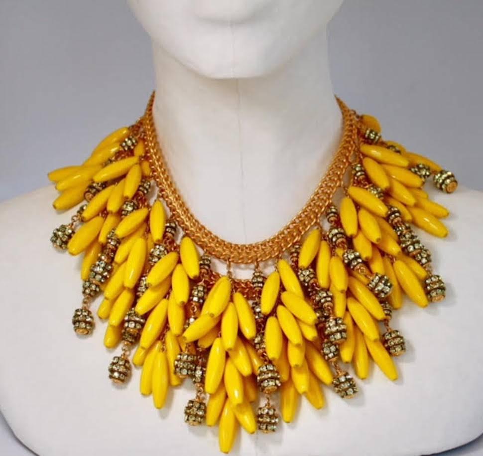 Vintage yellow glass bead and Swarovski crystal rondelle statement necklace from Francoise Montague. 