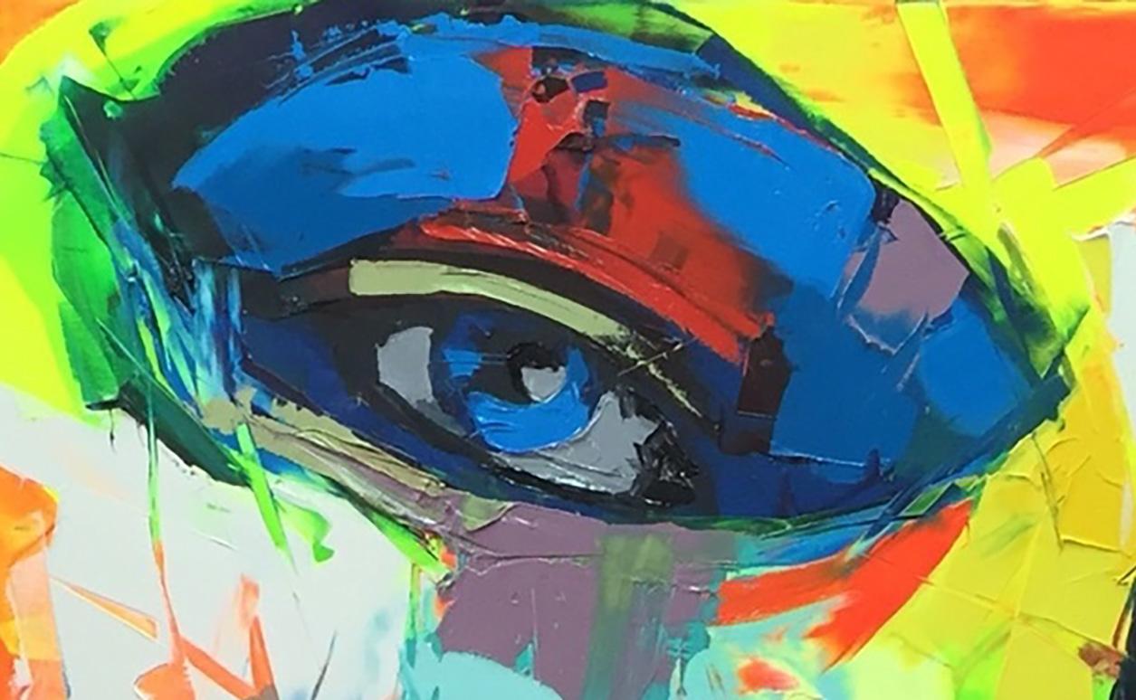 Untitled 730 - 21st Cent, Contemporary, Figurative, Oil Painting, Portrait, Pop - Purple Figurative Painting by Françoise Nielly