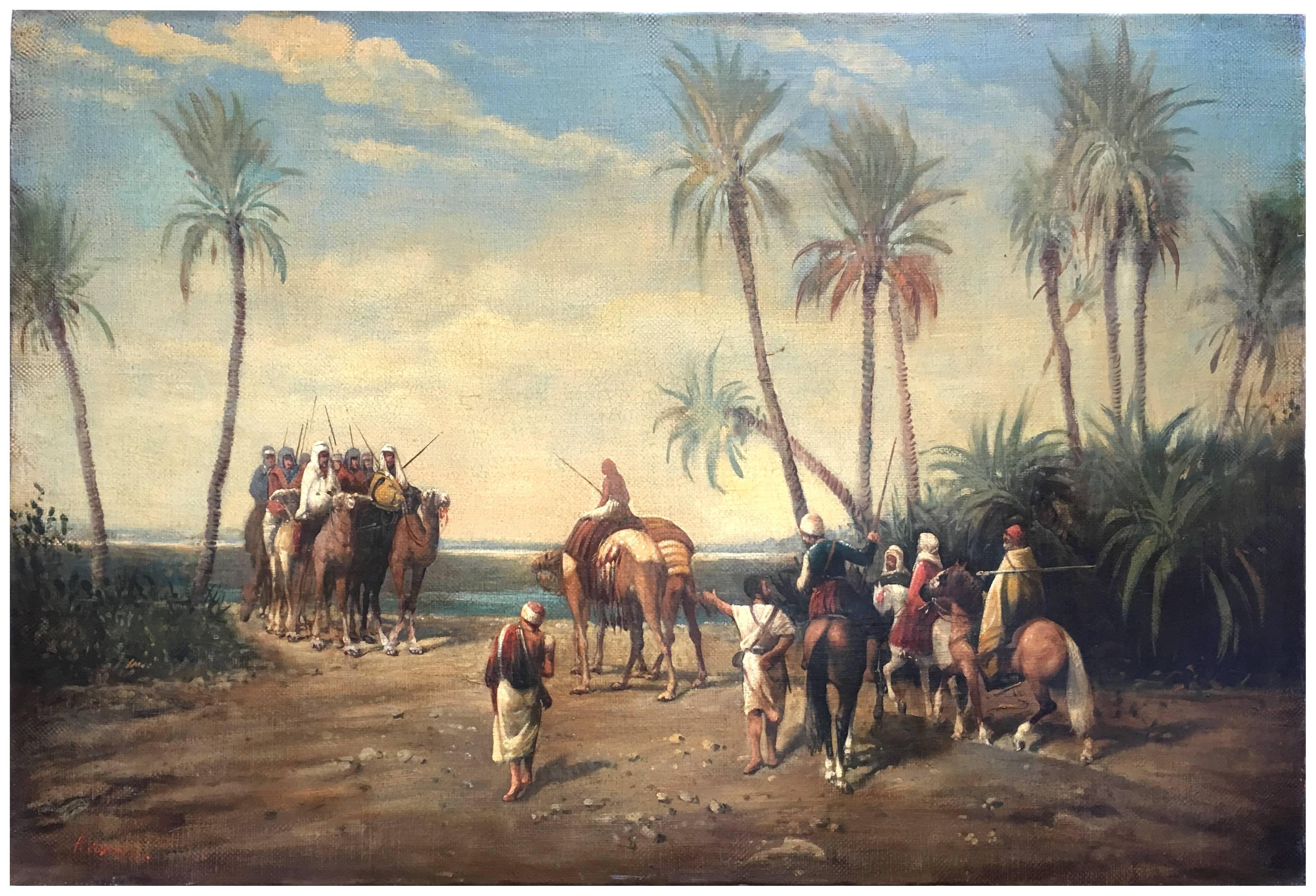 ARABIAN LANDSCAPE - French School - Italian Oil on Canvas Painting - Brown Landscape Painting by Francoise Vigneron