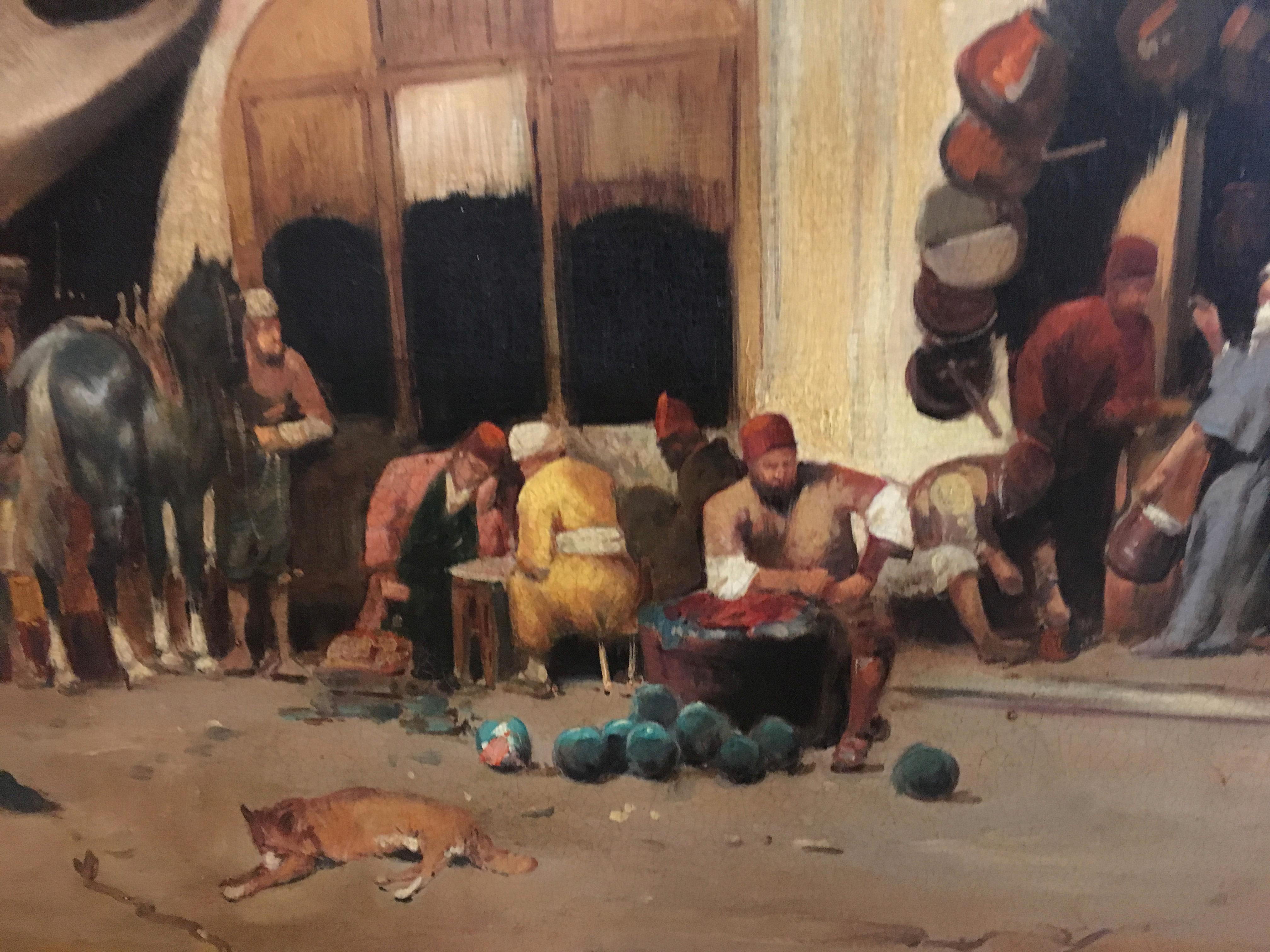 ARABIAN SCENE - Oil on canvas cm. 60x90 by Francoise Vigneron, Italy 2004.
In this beautiful oil on canvas Francoise Vigneron was inspired by the oriental and Arab landscapes of the French painter Charles-Théodore Frère, who after his travels in the