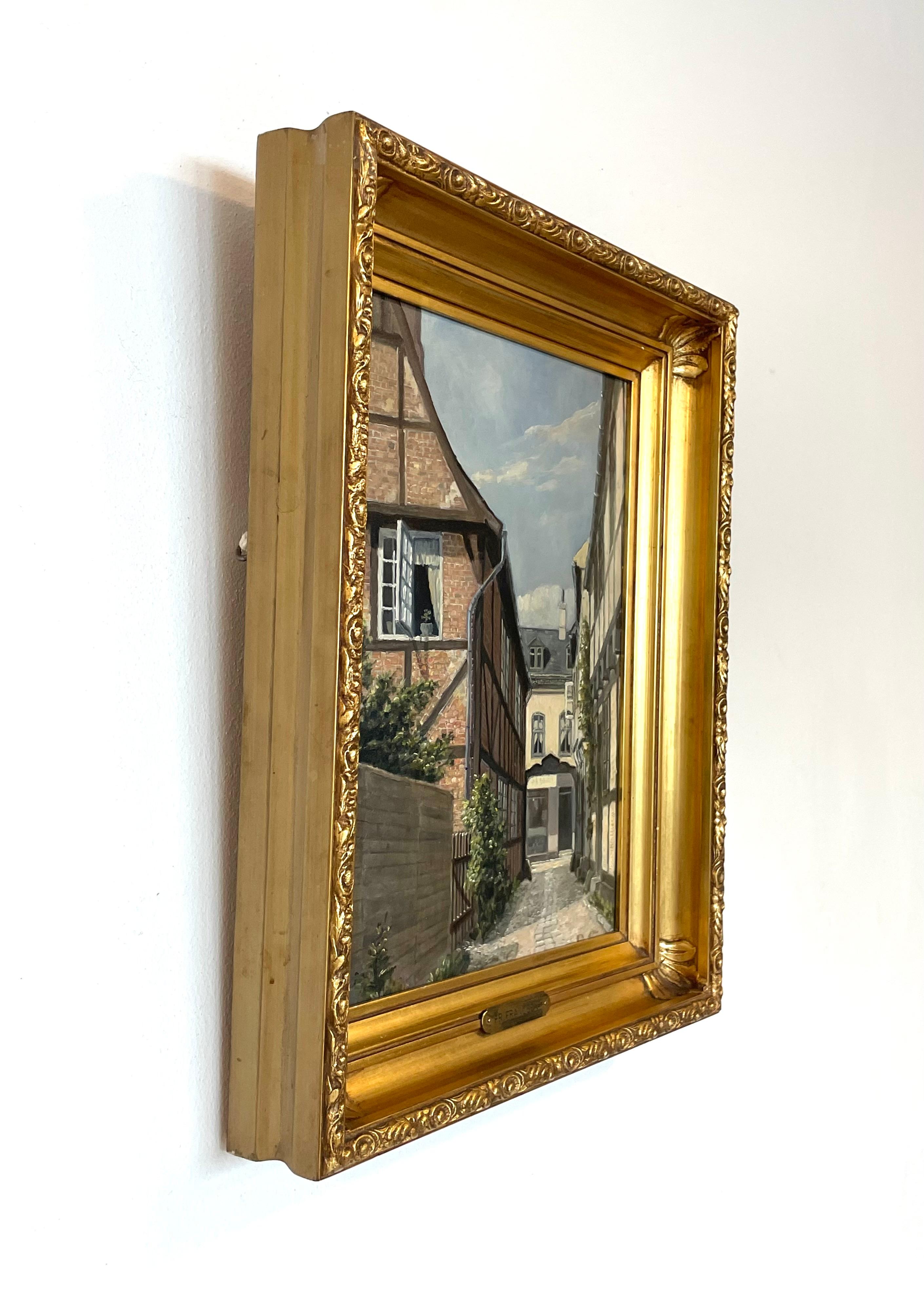 Mid-Century Modern Peinture à l'huile de Frandsen représentant un marché danois avec détails architecturaux en vente