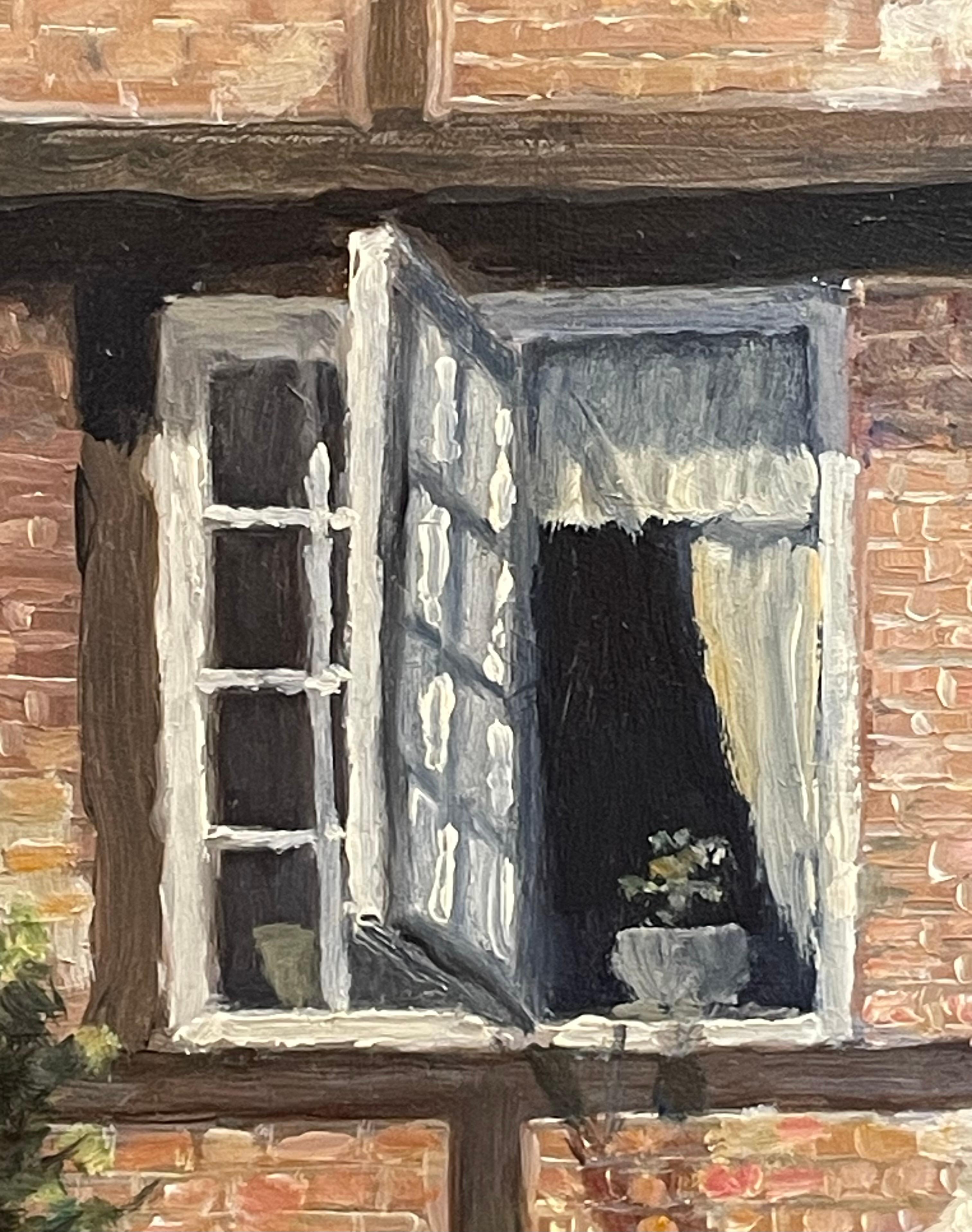 Danois Peinture à l'huile de Frandsen représentant un marché danois avec détails architecturaux en vente