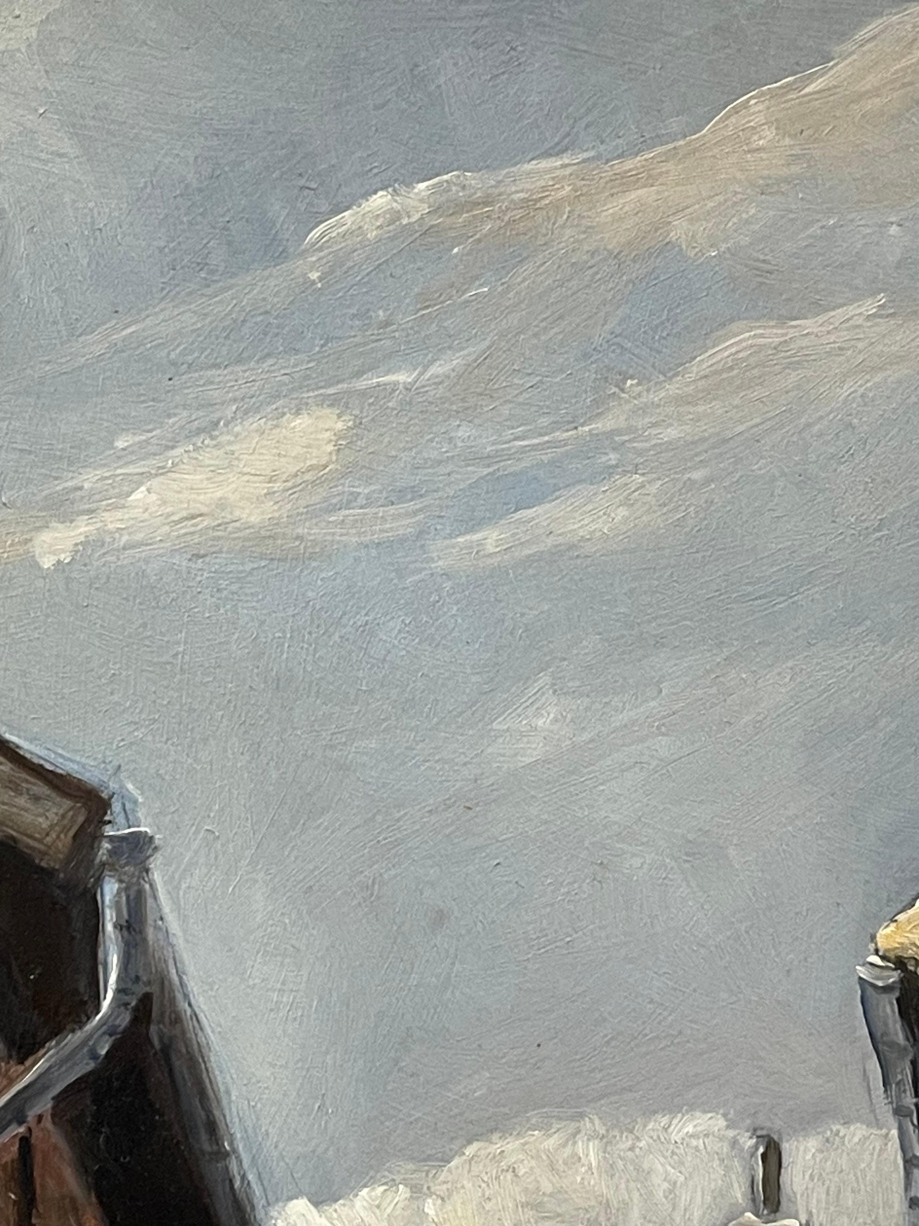 Peinture à l'huile de Frandsen représentant un marché danois avec détails architecturaux en vente 1