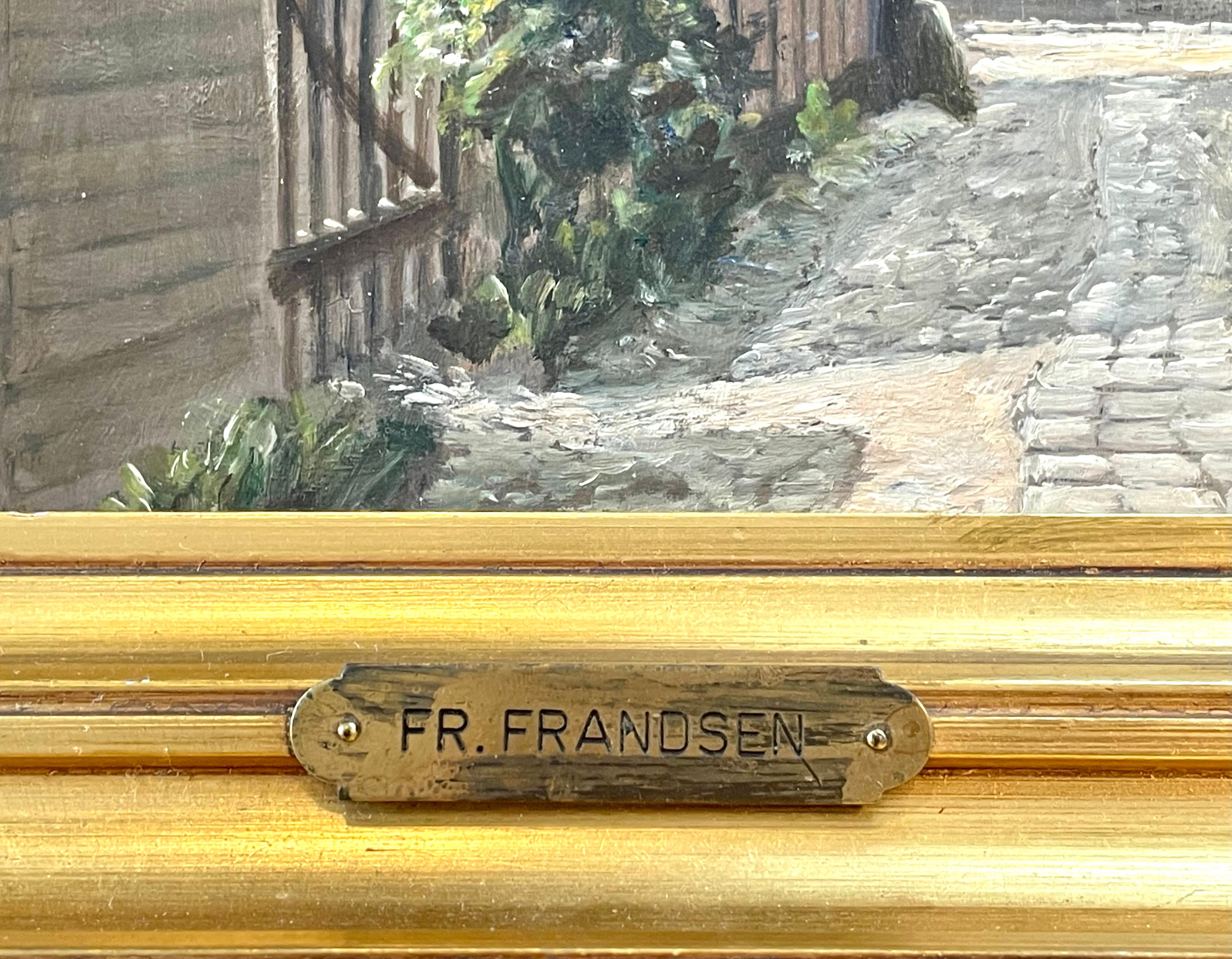 Peinture à l'huile de Frandsen représentant un marché danois avec détails architecturaux en vente 2