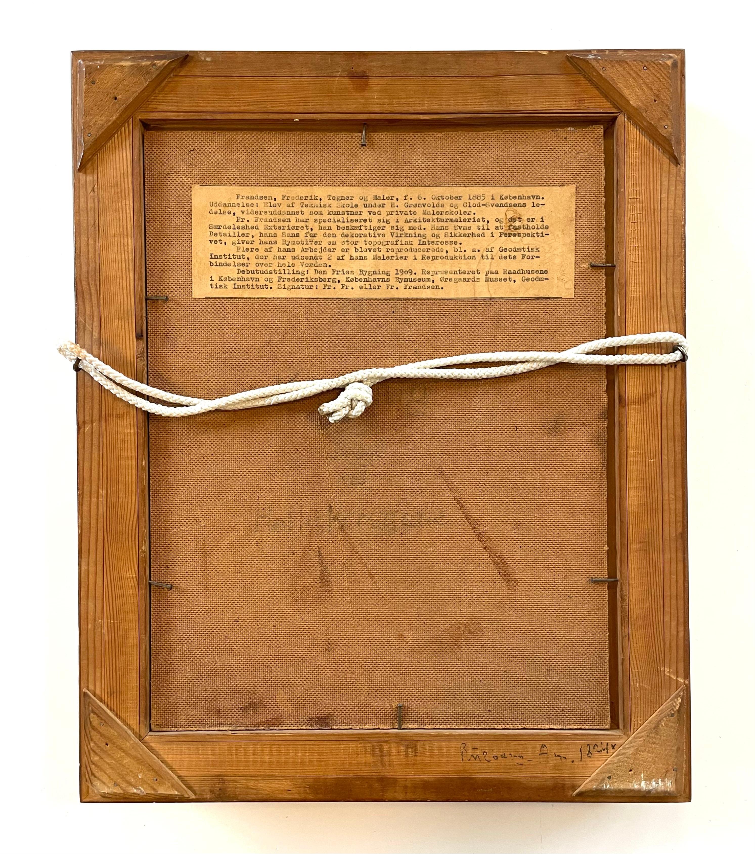 Peinture à l'huile de Frandsen représentant un marché danois avec détails architecturaux en vente 3