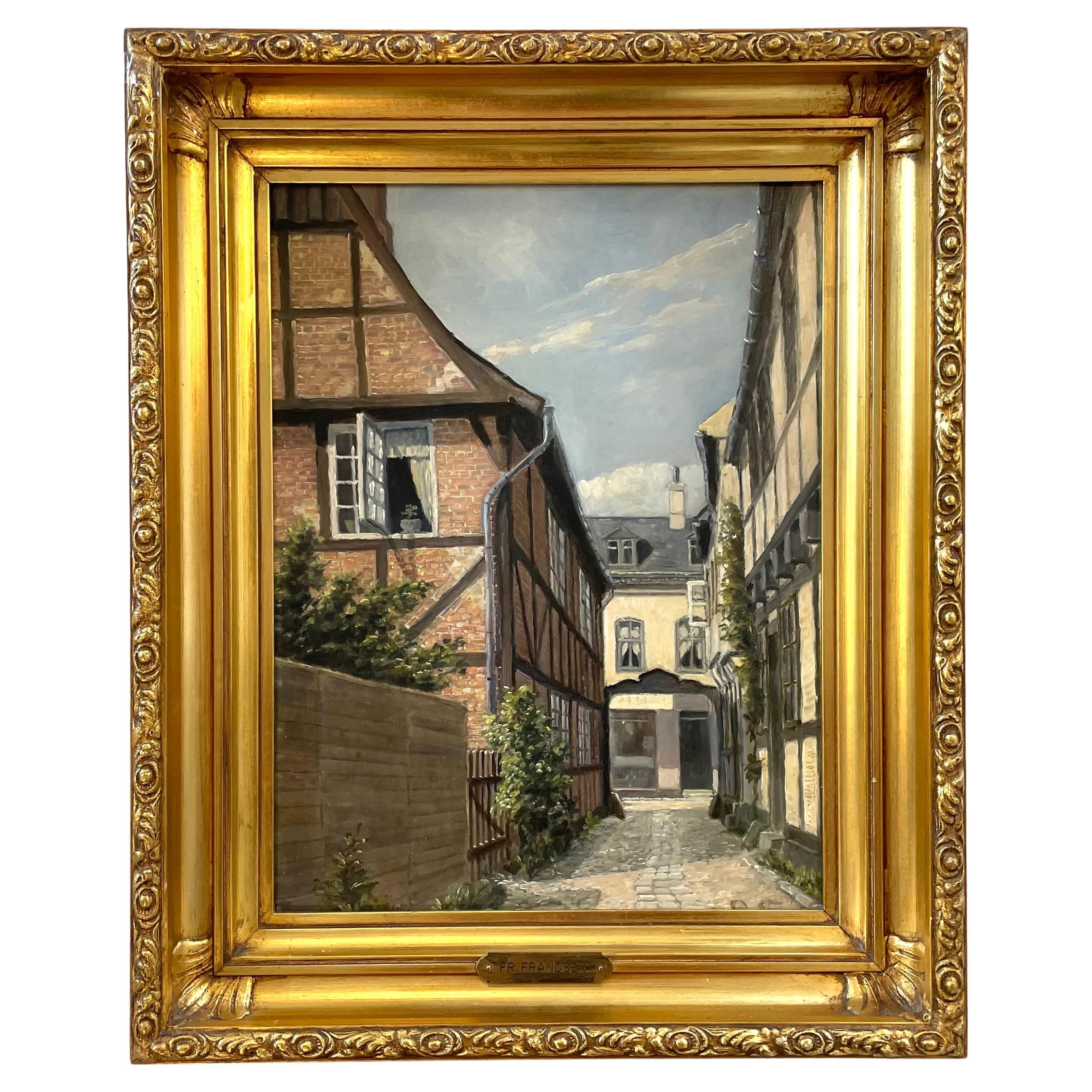 Frands Frandsen Ölgemälde einer dänischen Marktstadt mit architektonischen Details