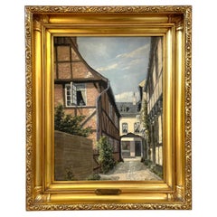 Frands Frandsen oil painting of Danish market town with architectural details
