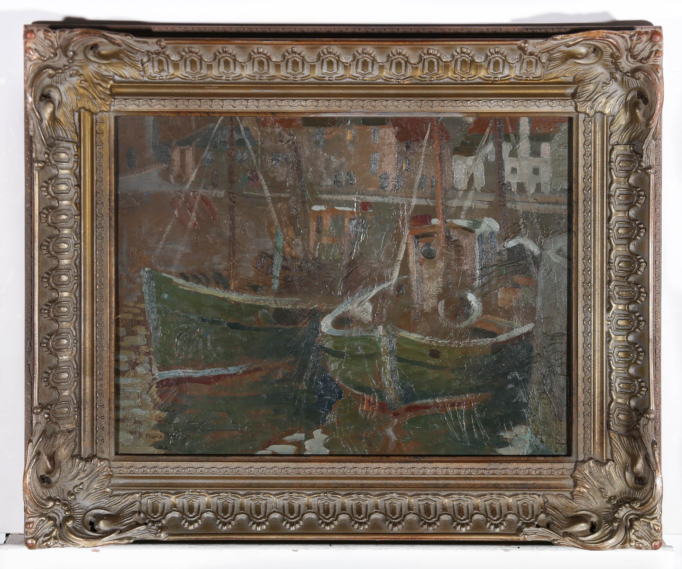 Frank Adcroft (fl. 1932-1955) - Framed Mid 20th Century Oil, Boats in a Harbour For Sale 2