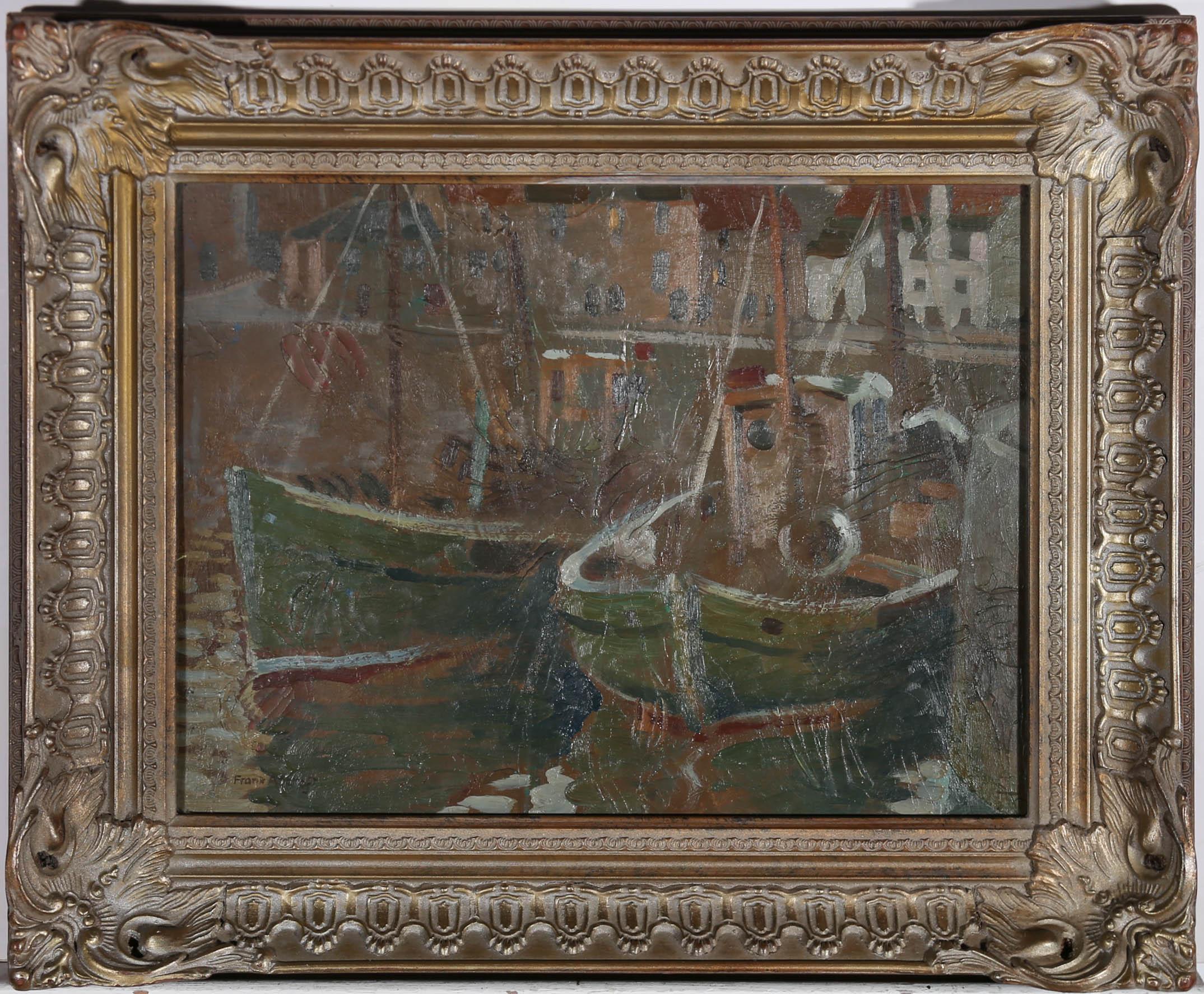This wonderful modern school oil by Scottish artist Frank Adcroft, depicts fishing boats moored in a<br />harbour at sundown. In the background lights glow from property windows as the rest of the scene turns quiet. The painting is signed to the