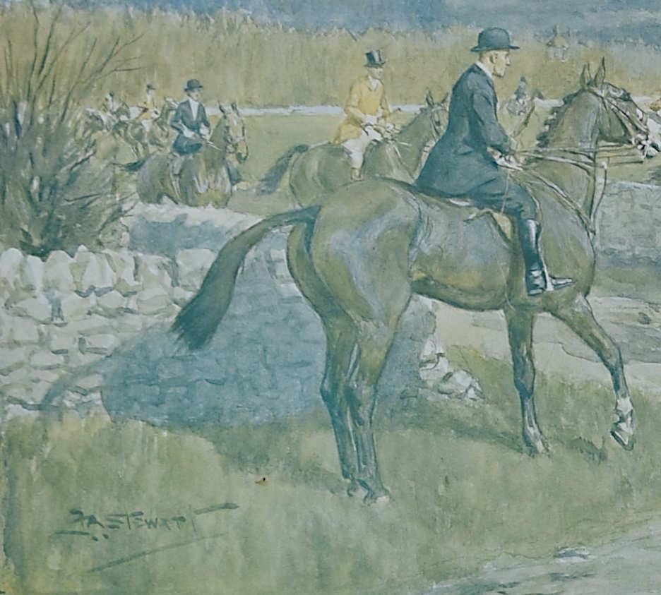 F A Stewart The Heythrop Hunt at Stow on the Wold - Impression de chasse au Heythrop - Réalisme Print par Frank Algernon Stewart