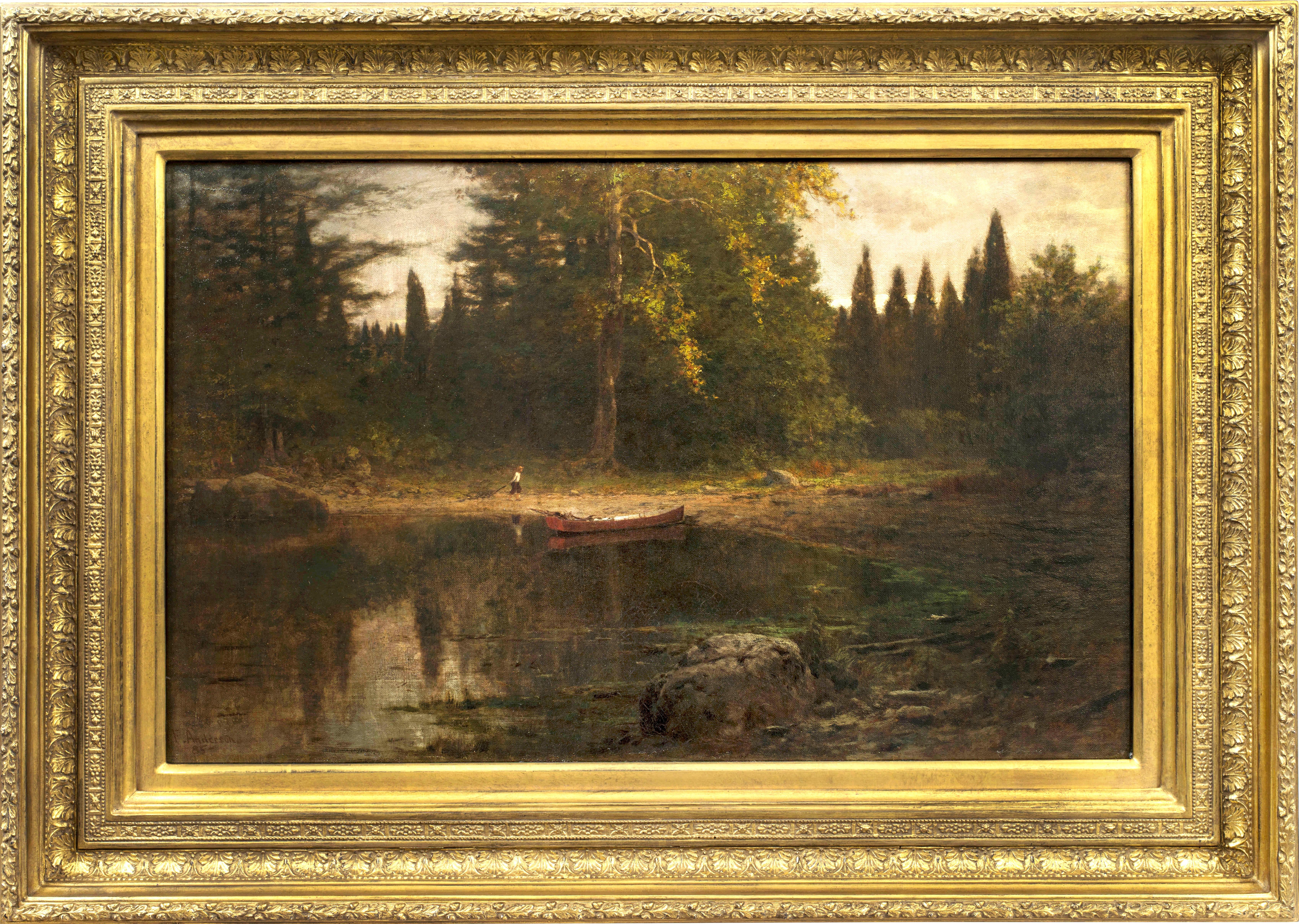 Hudson River Inlet, 1885 par l'artiste de l'école de la rivière Hudson Frank Anderson (1844-1891) est une huile sur toile. L'œuvre mesure 15,13 x 24,25 pouces et est signée et datée par l'artiste en bas à gauche. L'œuvre est encadrée et prête à être