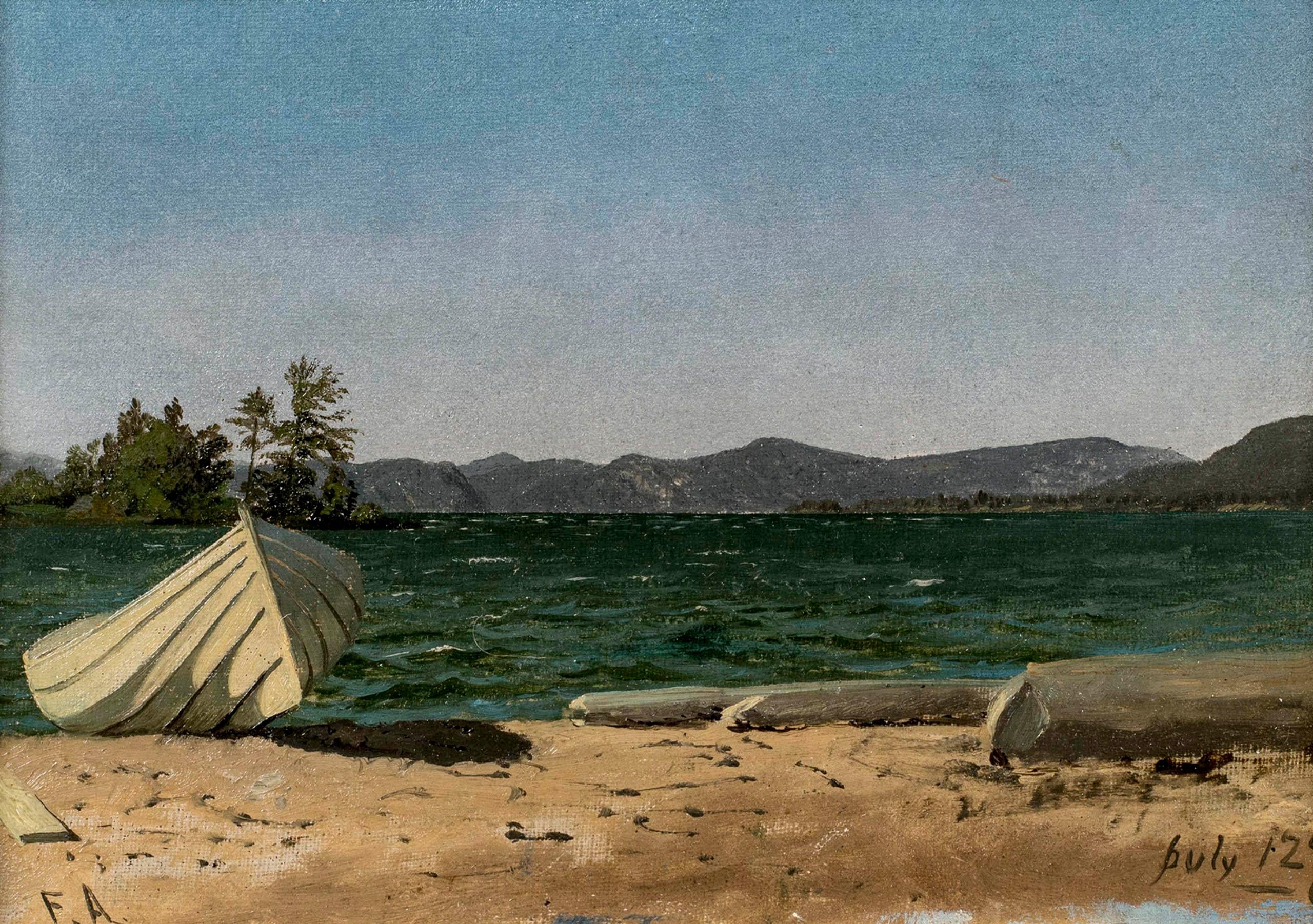 Frank Anderson (1844-1891)
Lake George, July 21, 1867
Oil on canvas mounted to board
7 x 9 3/4 inches
Signed lower left; dated lower right

In July of 1879, a writer for The Art Critic declared that Frank Anderson was, “without doubt one of the best